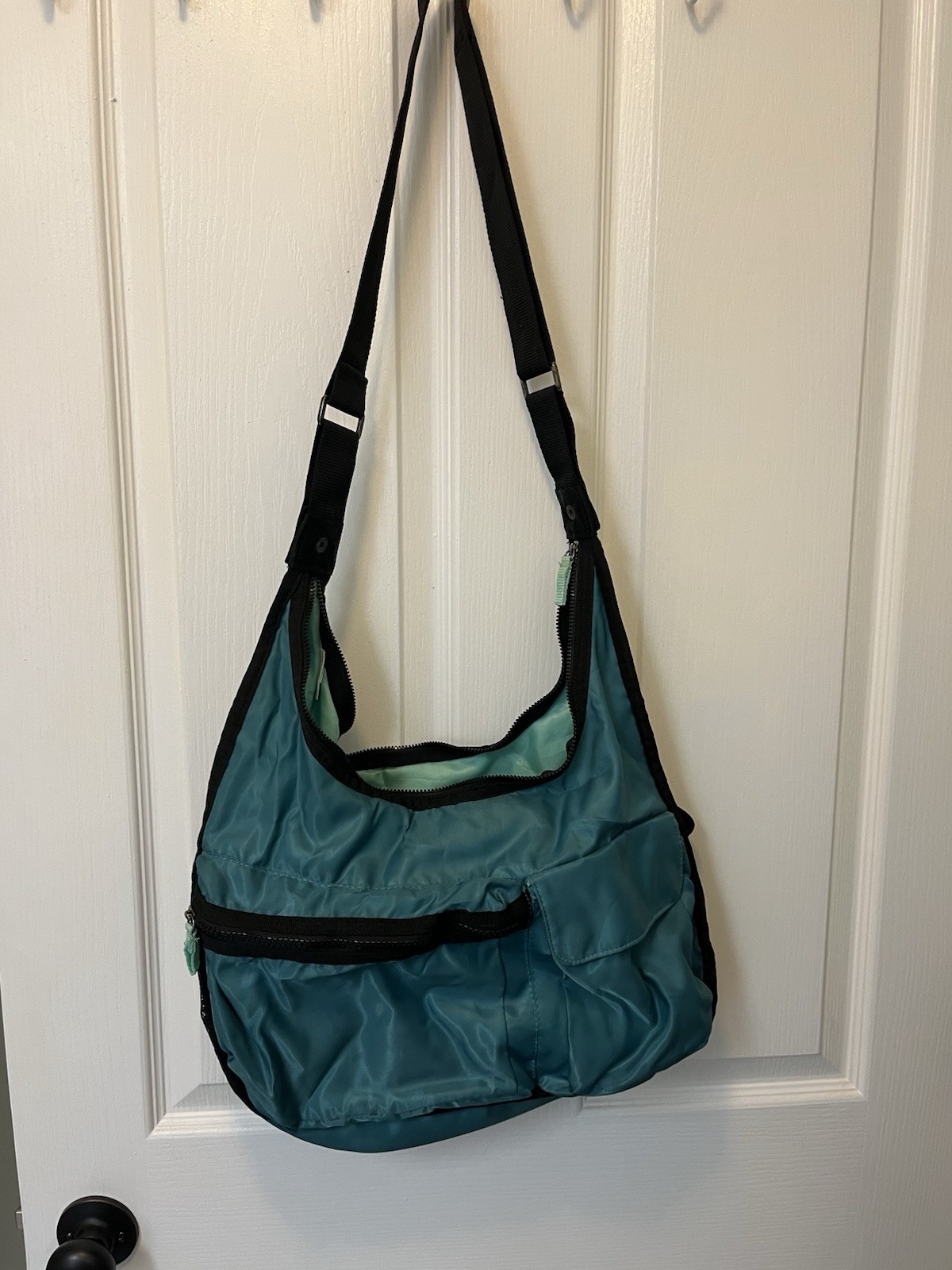 Teal Medium Crescent Shoulder Bag Zip Closure Mesh Pockets Detachable Strap