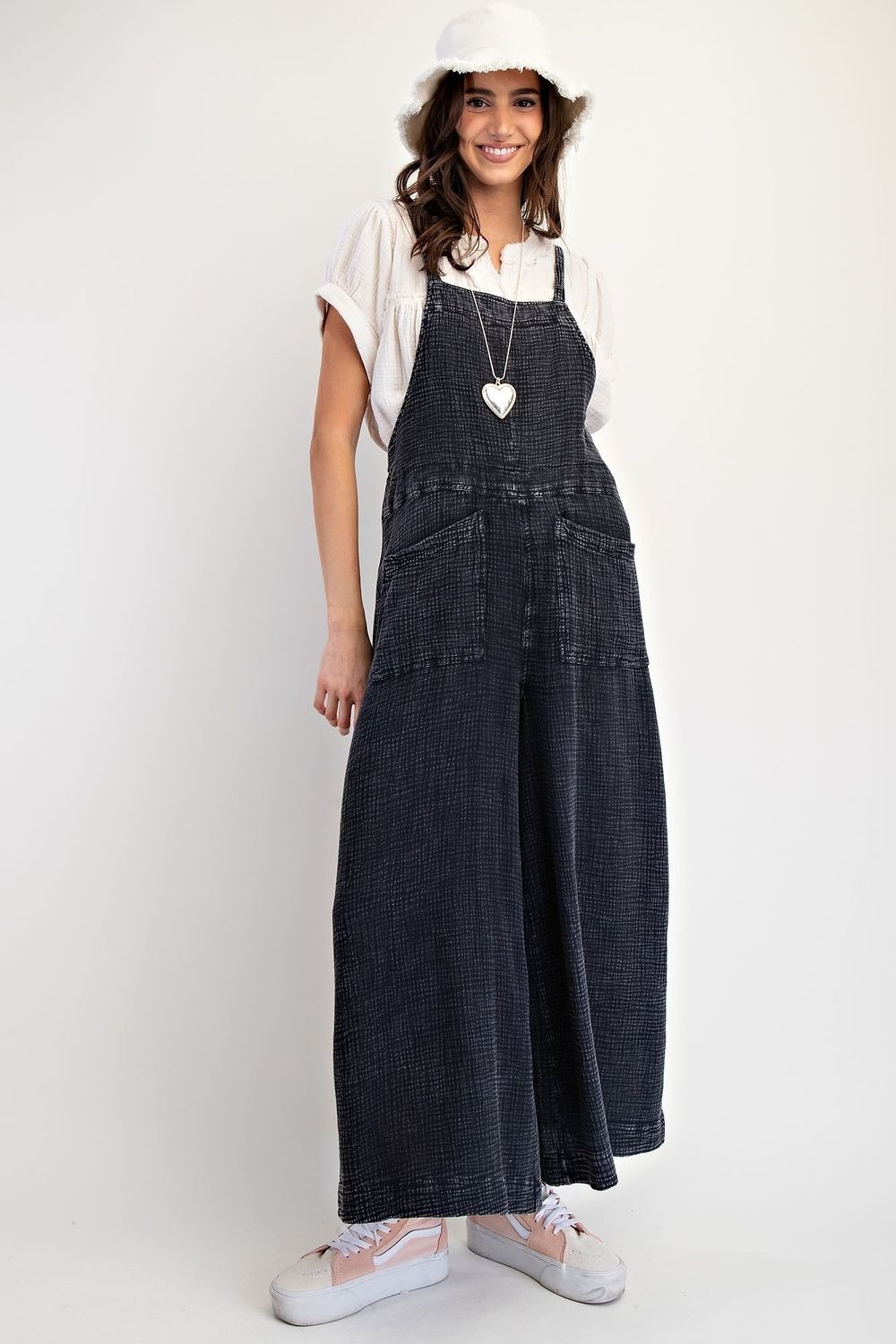 Easel Here I Am Mineral Wash Cotton Overalls in Faded Black Medium