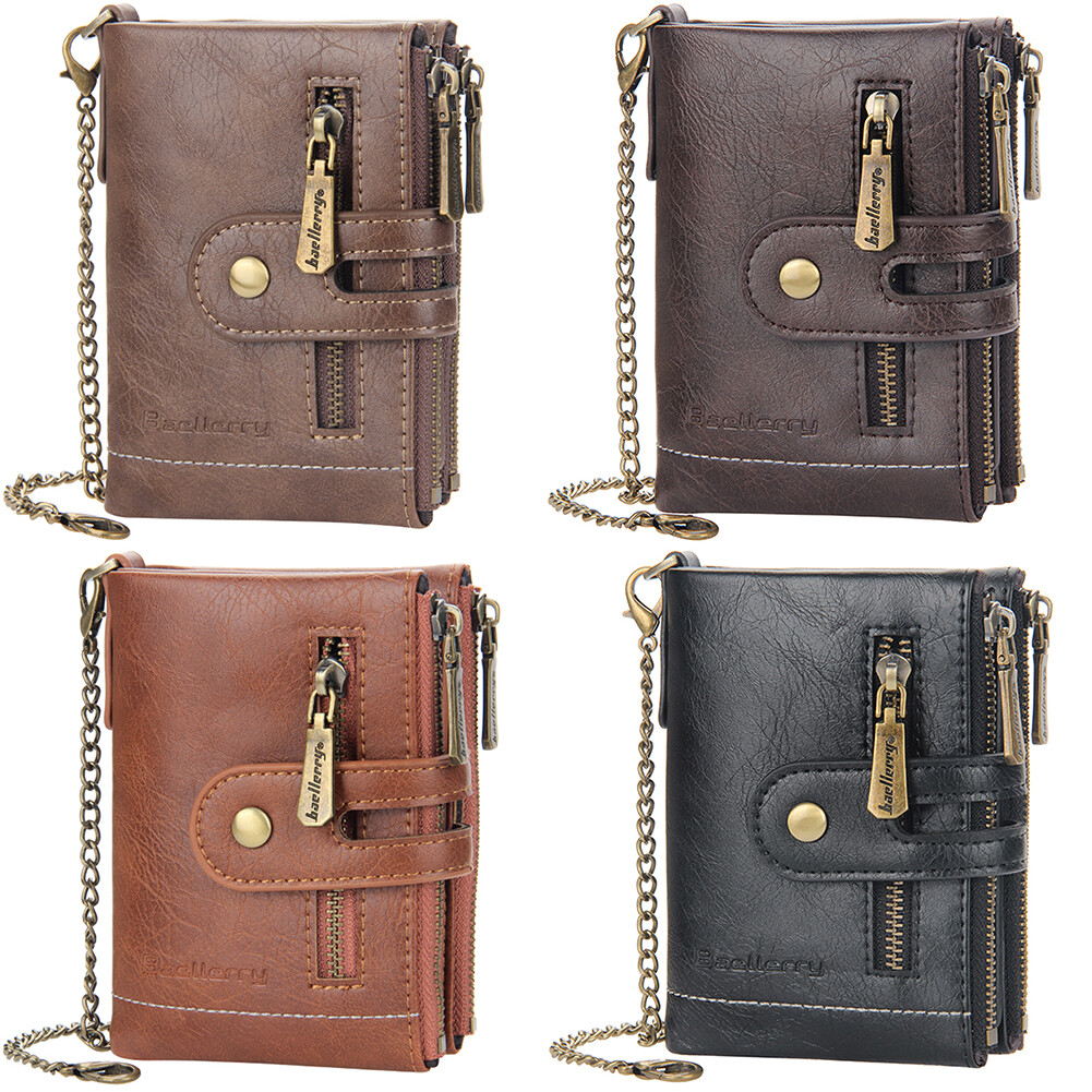 US RFID Blocking Mens Wallet with Anti-Theft Chain Double Zip Purse Card Holders