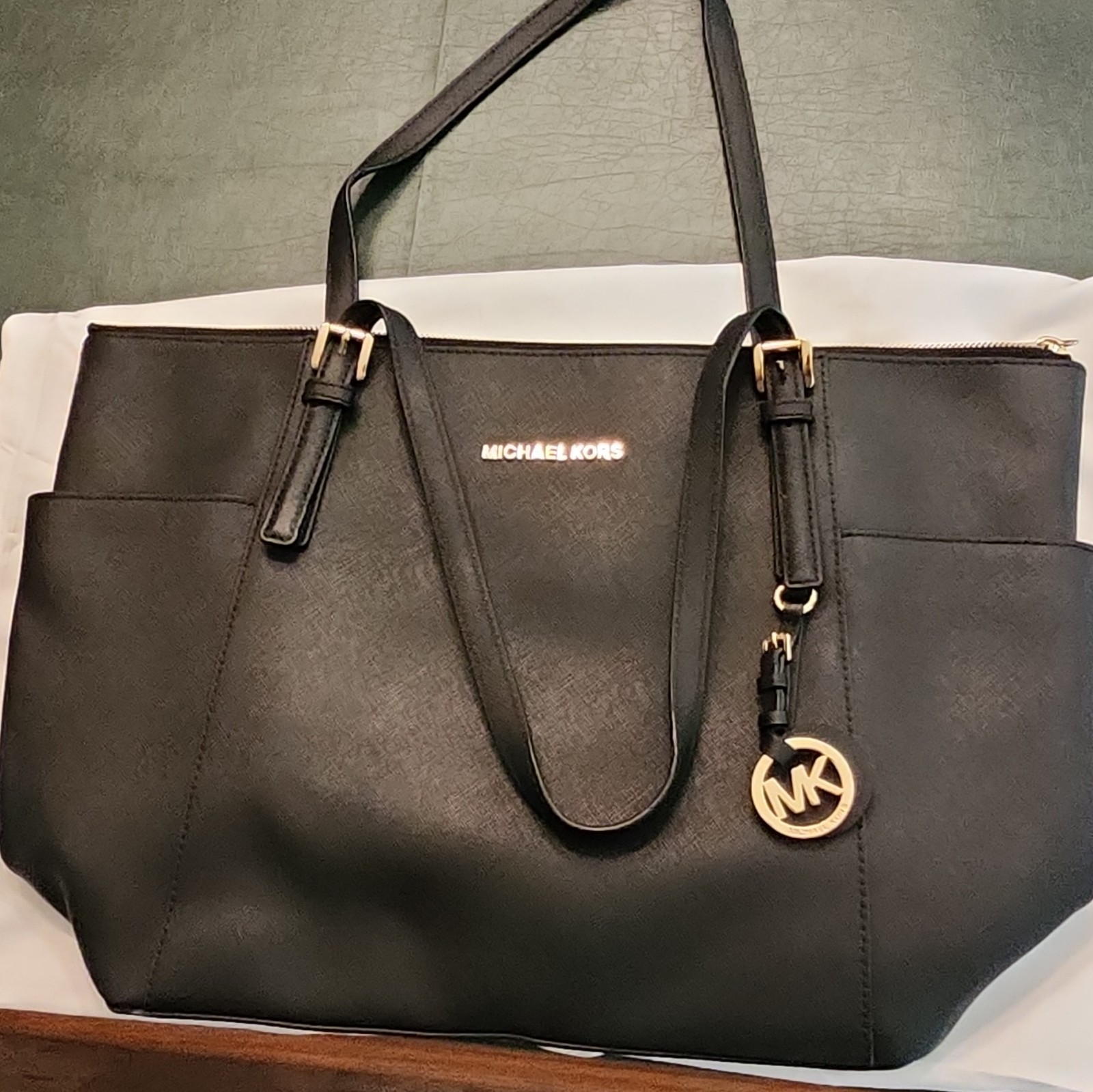 Michael Kors Women’s Black Tote Zip Top Gold Hardware MK Charm, Lined Pockets