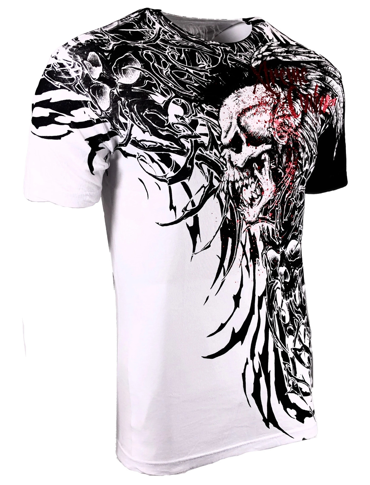 Xtreme Couture Affliction Men’s T-Shirt BRUTAL COMBAT White Skull Biker Tattoo