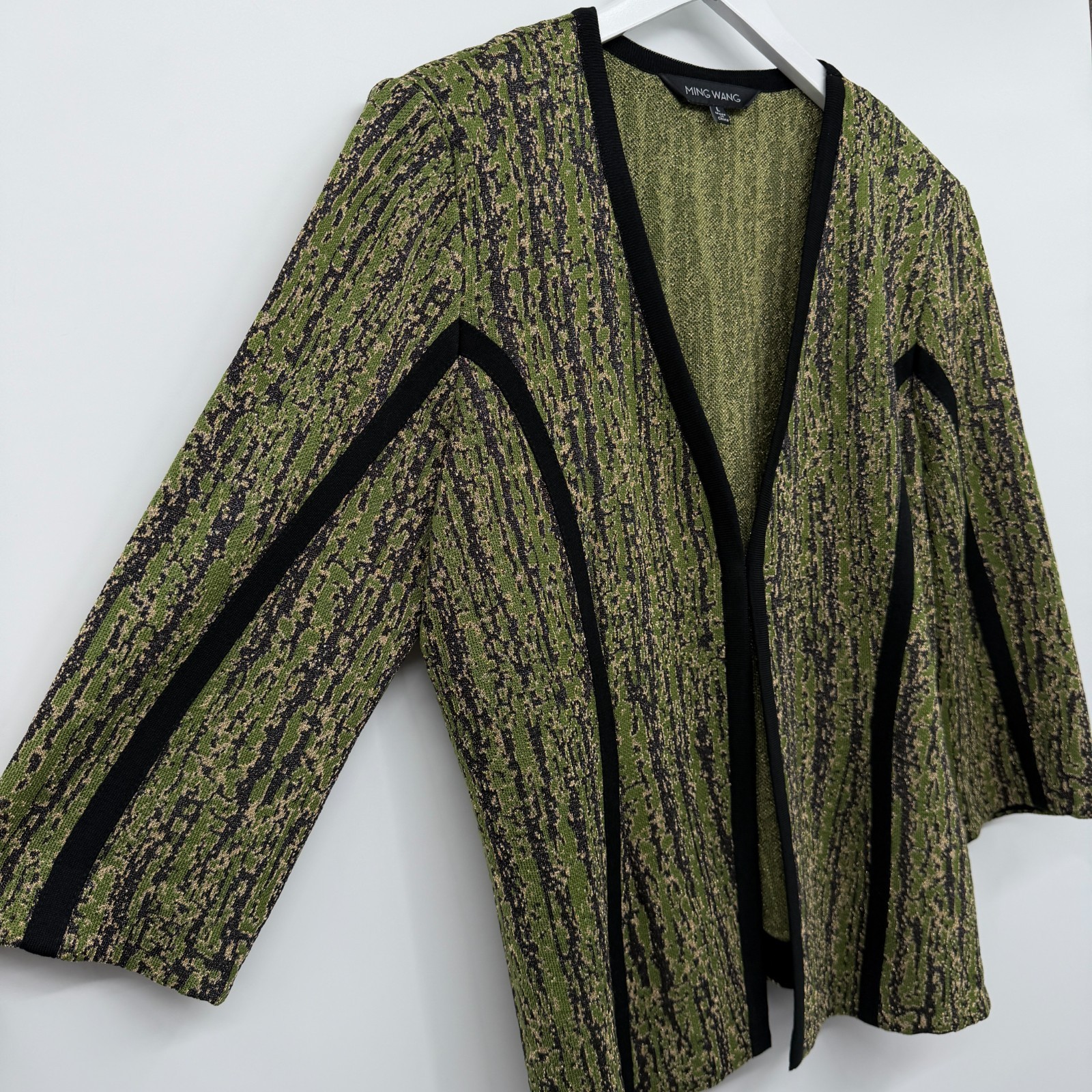 Ming Wang Cardigan Jacket Large 3/4 Sleeve Shoulder Pads Artsy Office Academia
