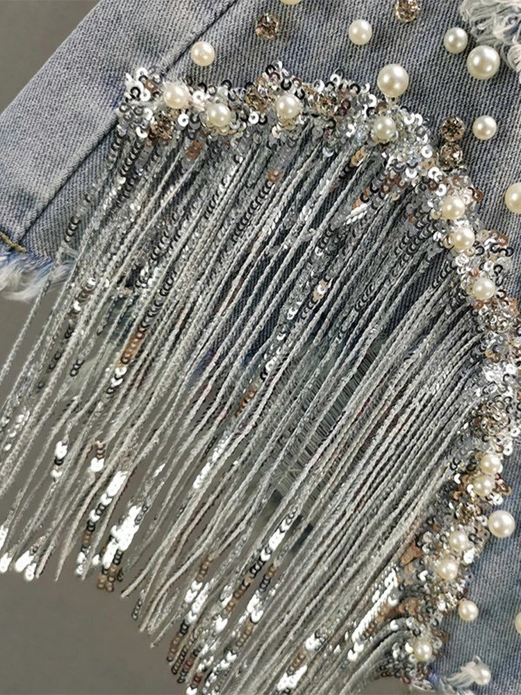 2025 Party Dance Shorts Tassel Beading Casual Jeans Women Celebrate Shiny Beads