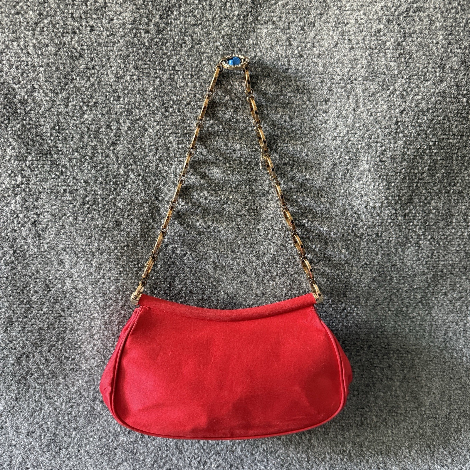 VTG Escada Red Satin Evening Bag Clutch Gold Geometric Link Chain Strap Italy