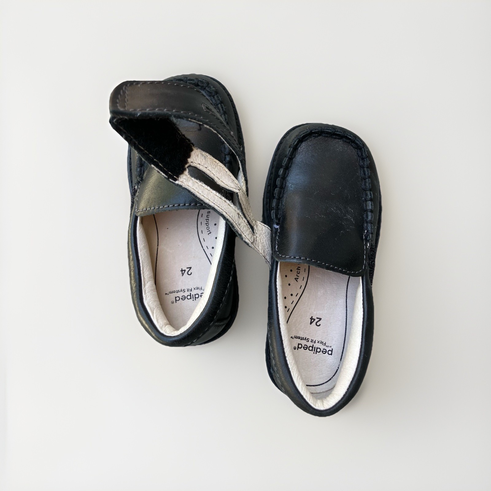 pediped Flex Black Leather Hook & Loop Loafers, Boy Kids EU 24 US 8