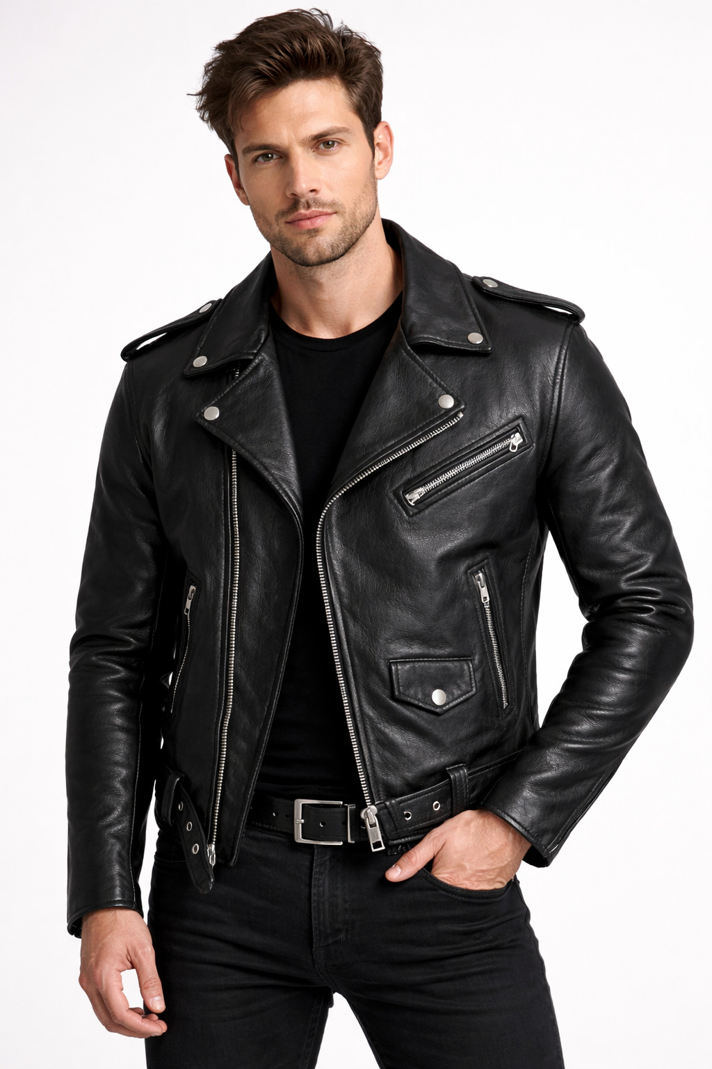 Men’s Black Leather – Vintage Biker Jacket – Motorcycle Moto Zip – Belted Coat