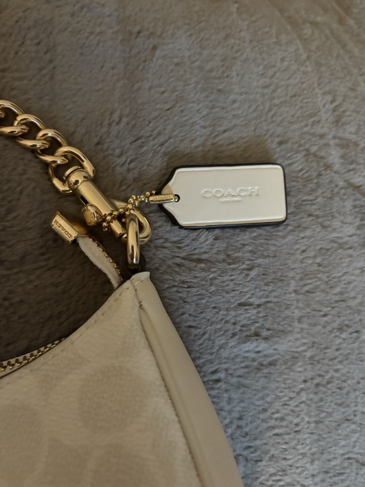 Coach Signature Logo White Teri Shoulder Bag w/ Gold Chain Strap, Zip & Charm