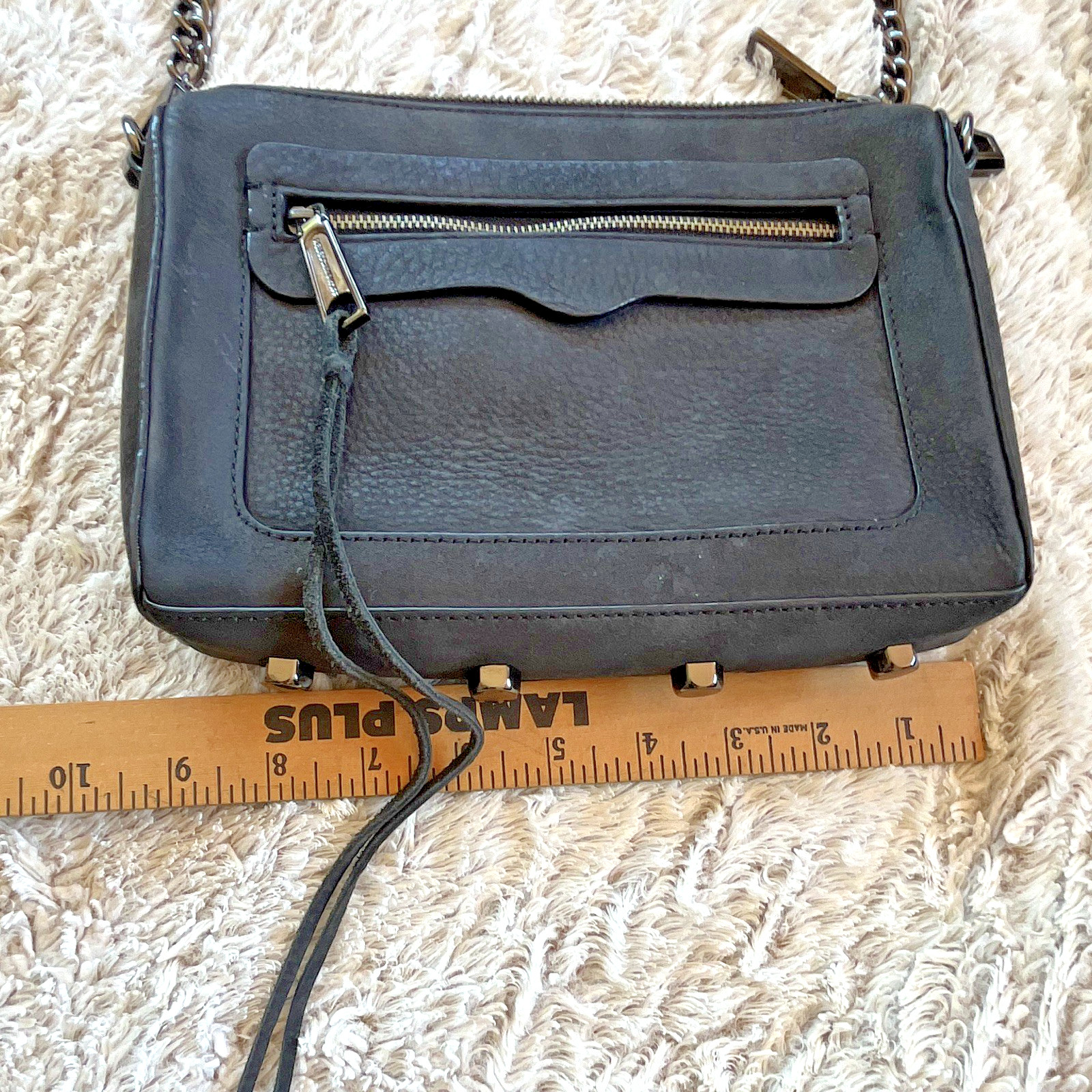 Rebecca Minkoff Black Pebbled Crossbody Bag Chain Strap Zip Outer Pocket Studs