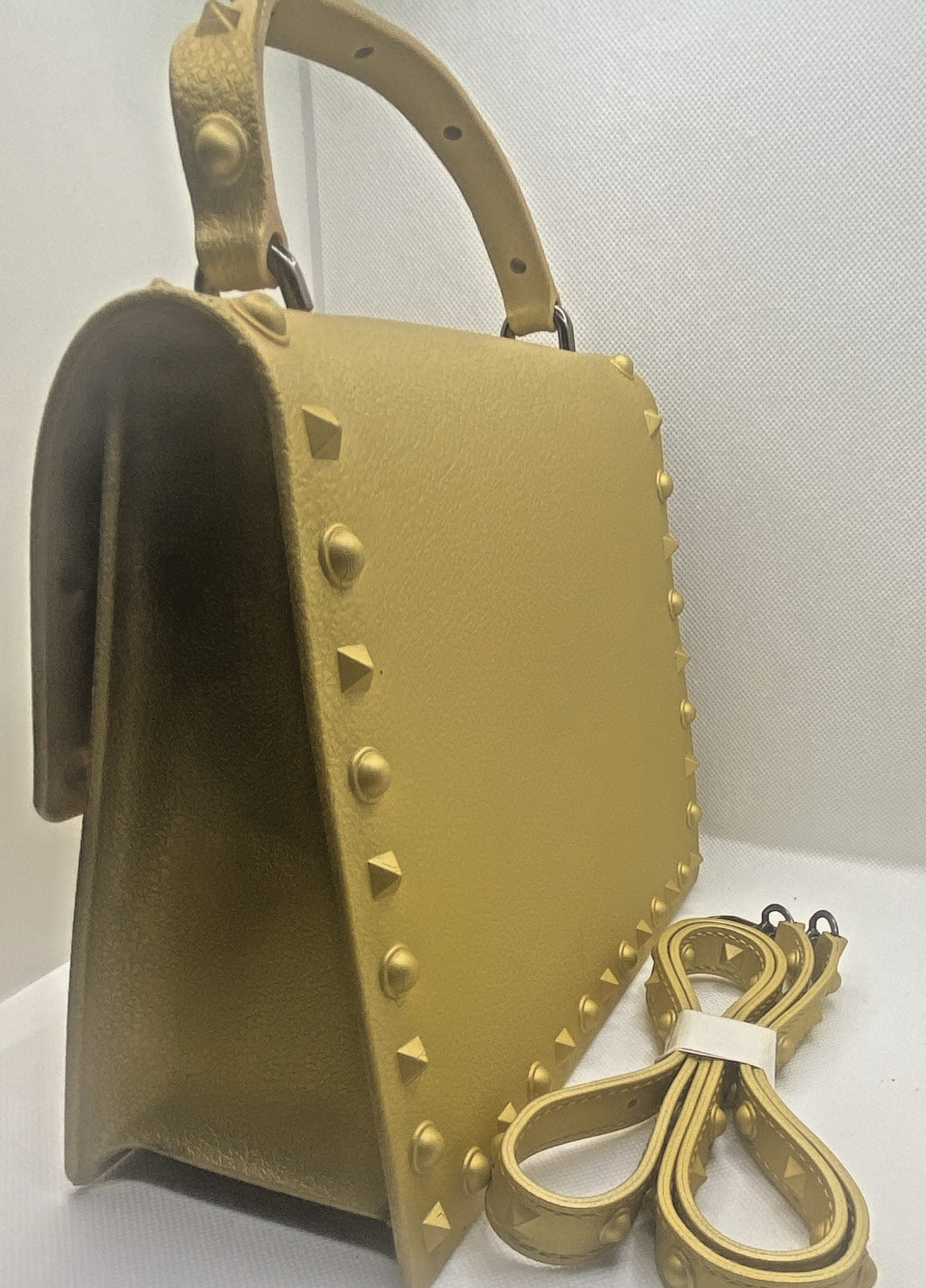 Gold Studded Satchel Top Handle Bag w/ Detachable Adjustable Crossbody Strap