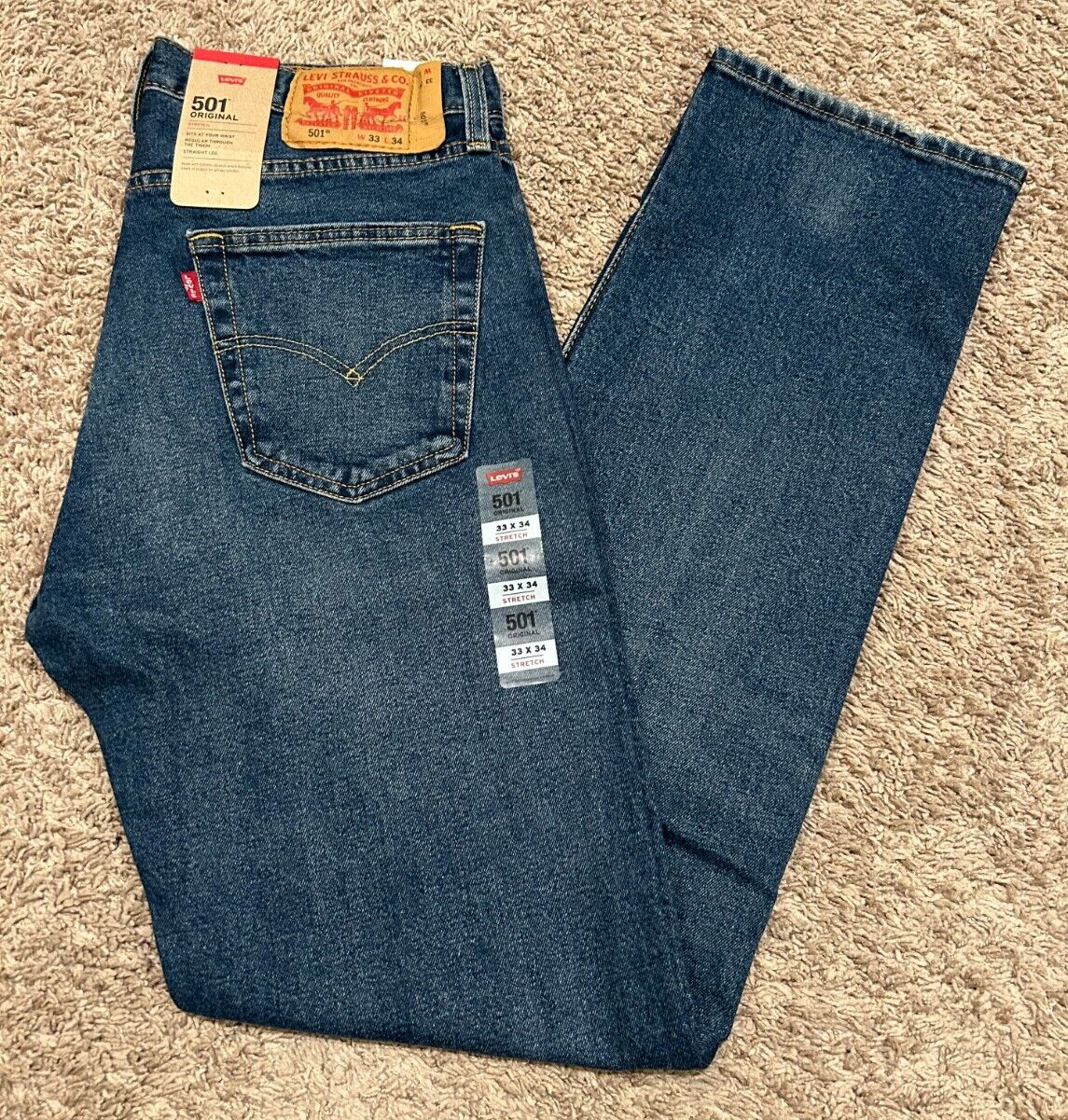 Levi’s 501 Straight Leg Button Fly Blue w Stretch Men’s Sizes NWT RT$79.50 3366