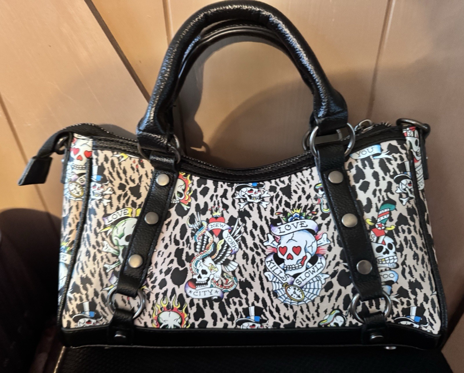 Ed Hardy Leopard Skull Satchel Top Handle Bag Medium Zip Studded Charm