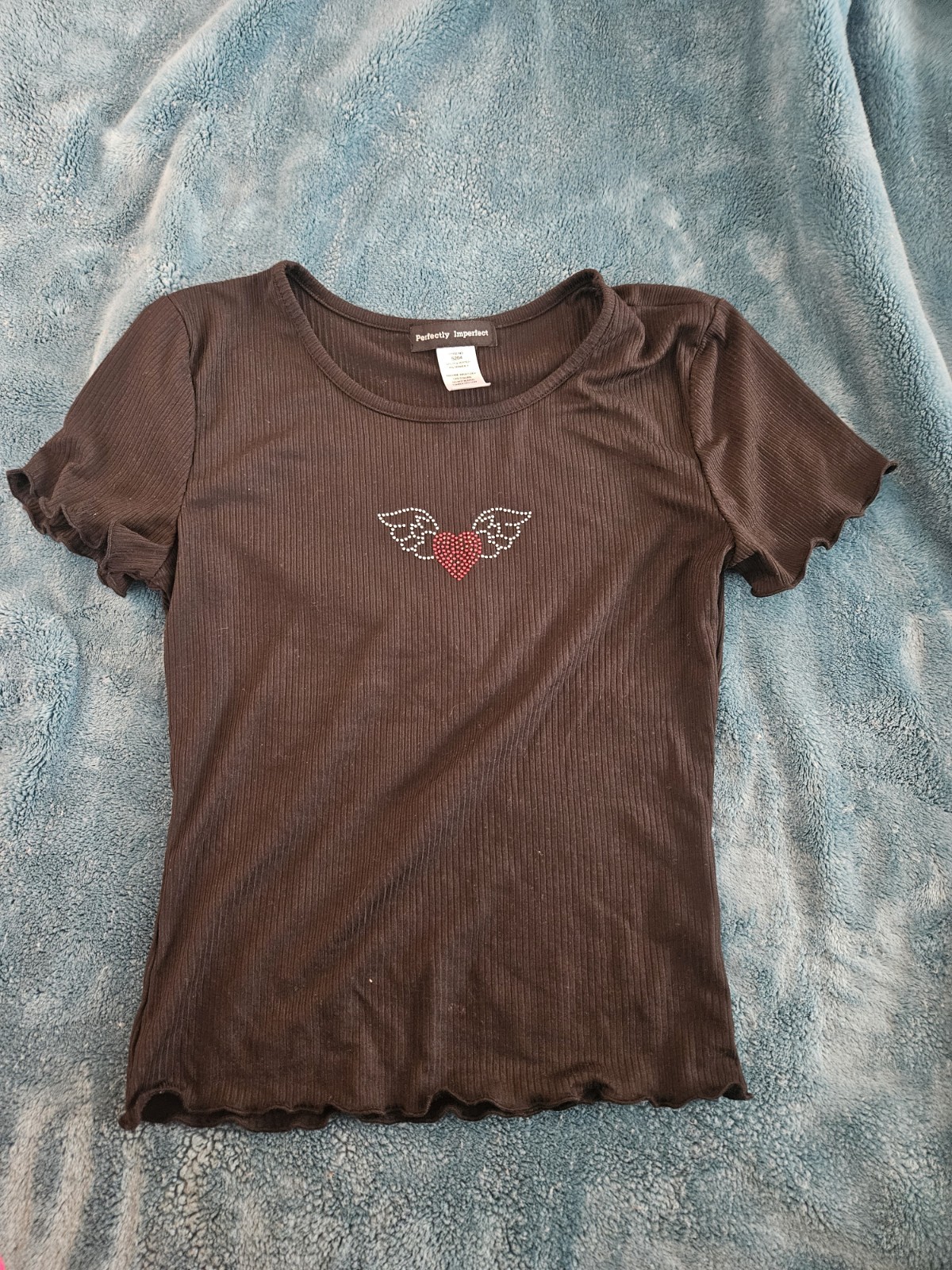Perfectly Imperfect Black Rib Knit Rhinestone Heart Wings Scoop Neck Tee L