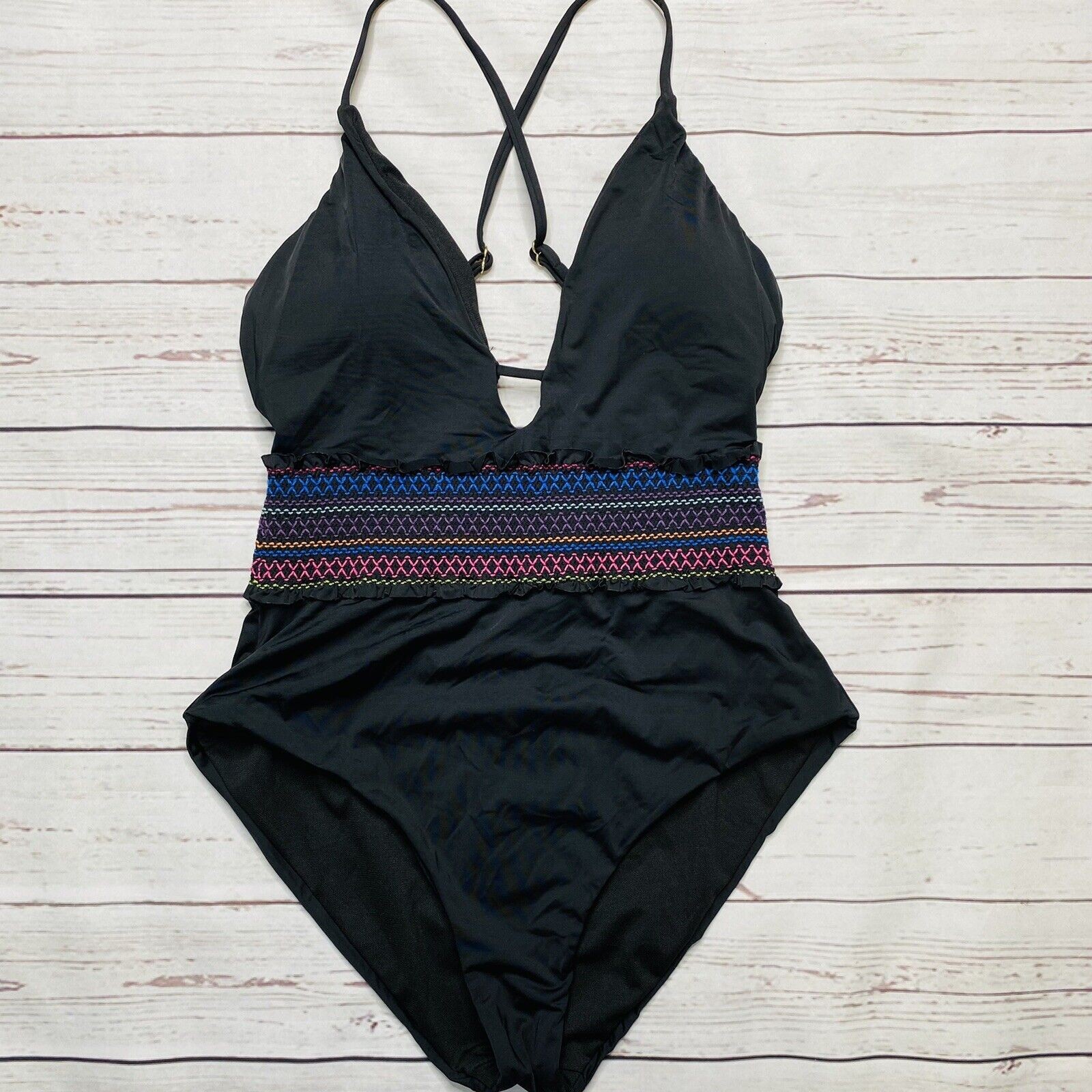Bar III Smocked Plunging One Piece Swimsuit Black M New Rainbow Embroidered