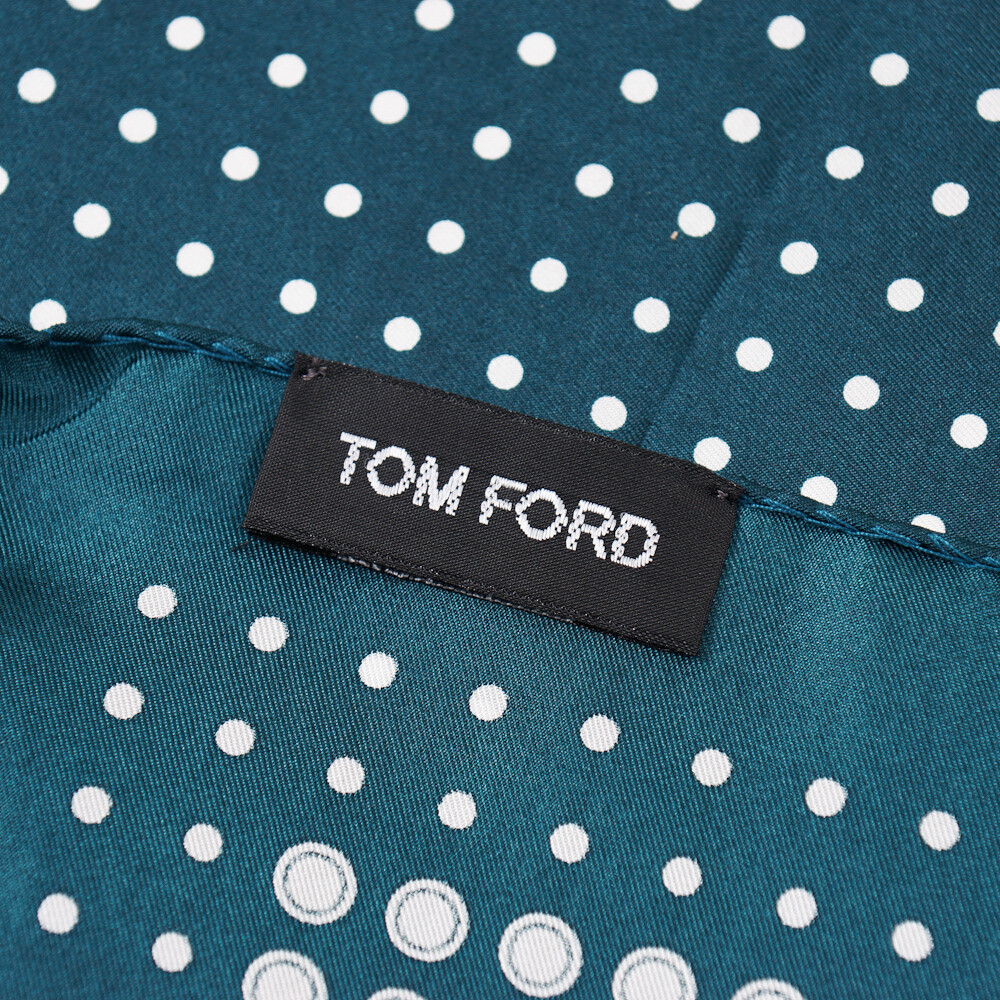 New $180 TOM FORD Teal Green and White Dot Print Silk Pocket Square