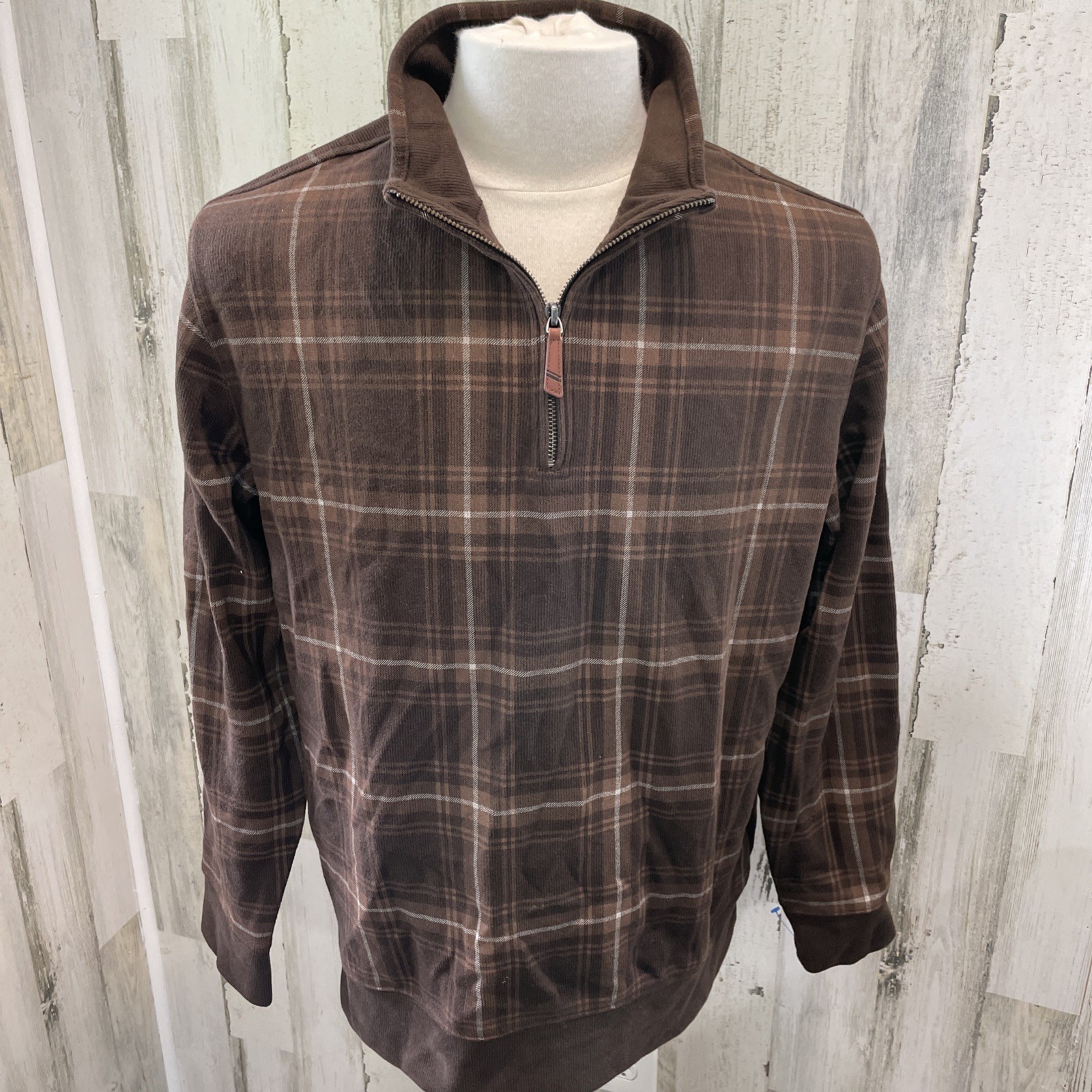 Lands’ End Brown Plaid 1/4 Zip Pullover Men’s Size Large 100% Cotton Mock Collar