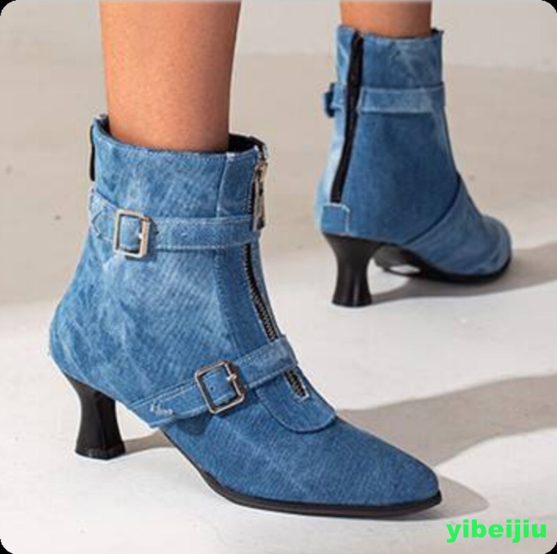Belt Women’s Kitten Mid Heel Front Zipper Ankle Boots Shoes Cowgirl Denim Retro