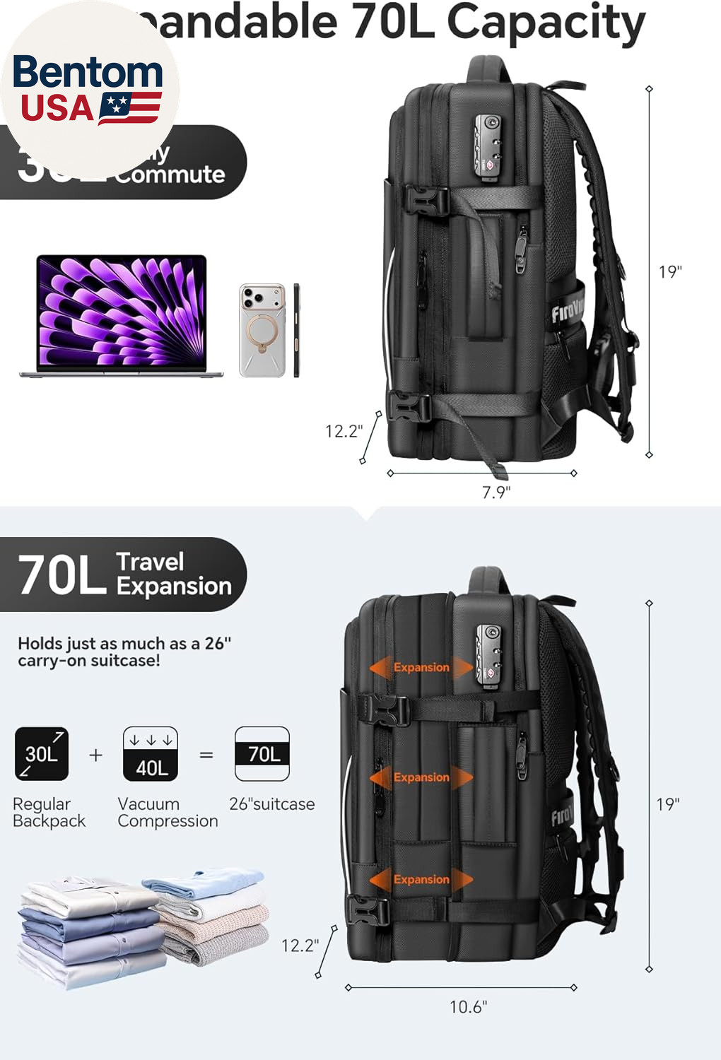 Vacuum Backpack Travel, 70L Expandable Carry on Backpack with Compression System