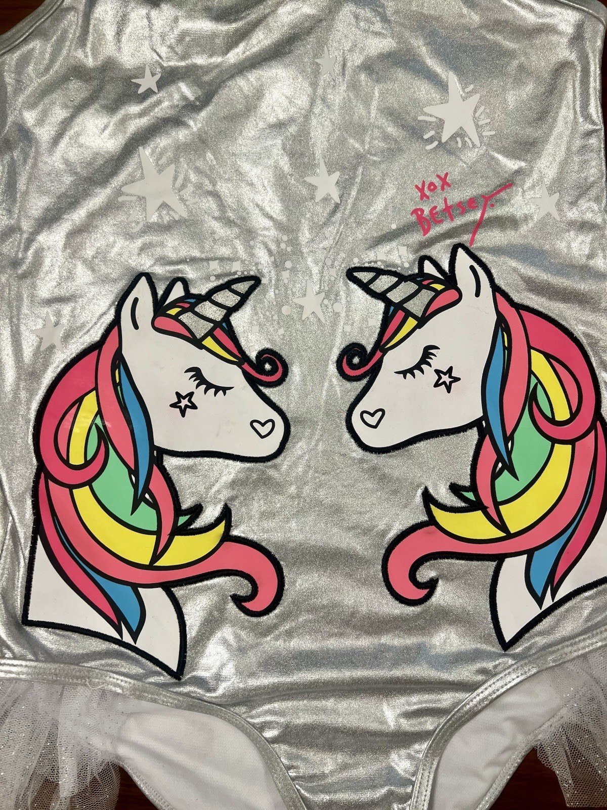 Betsey Johnson Girls Silver Unicorn Stars One Piece Swimsuit Size XL (14)