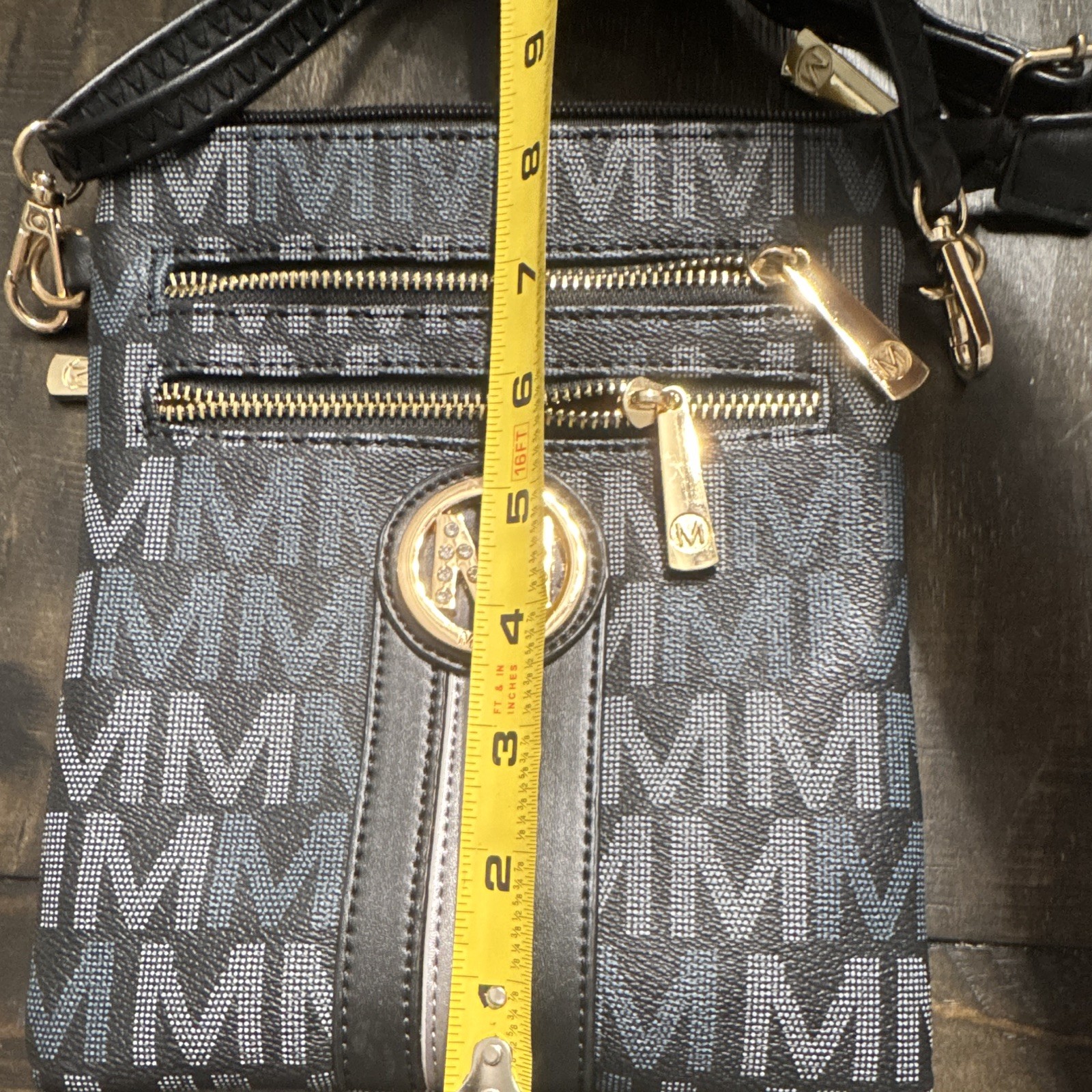 Milan MFK Collection Black/Blue Zip Crossbody Bag, Gold Hardware, Small