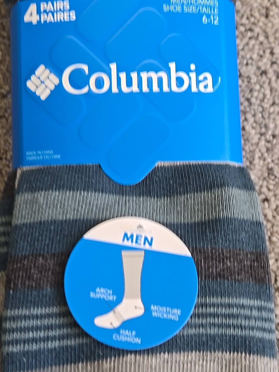 Columbia 4 Pair Every Day Crew Socks Men’s Sz 6-12 NWT Blue Black Taupe Gray