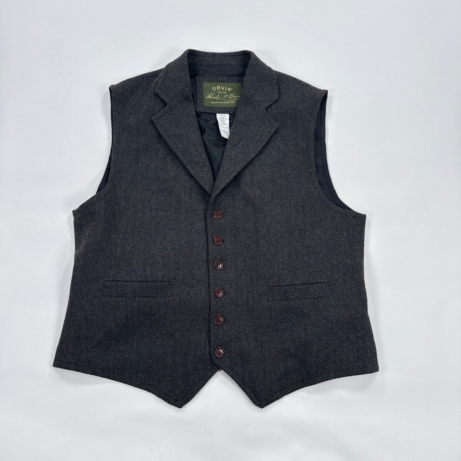 Orvis Vest Mens Large Grey Wool Herringbone Signature Collection Waiscoat