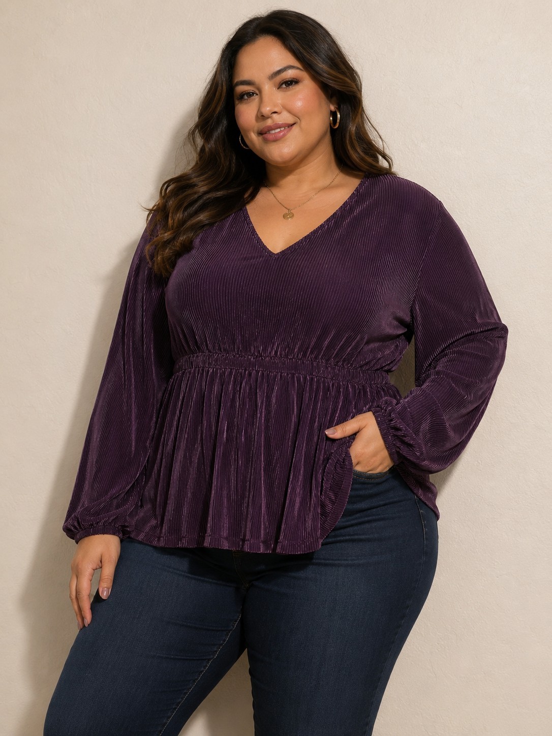 Lane Bryant Women’s Purple Long Sleeve Crinkle Peplum Top SZ 18/20 V-neck Strech