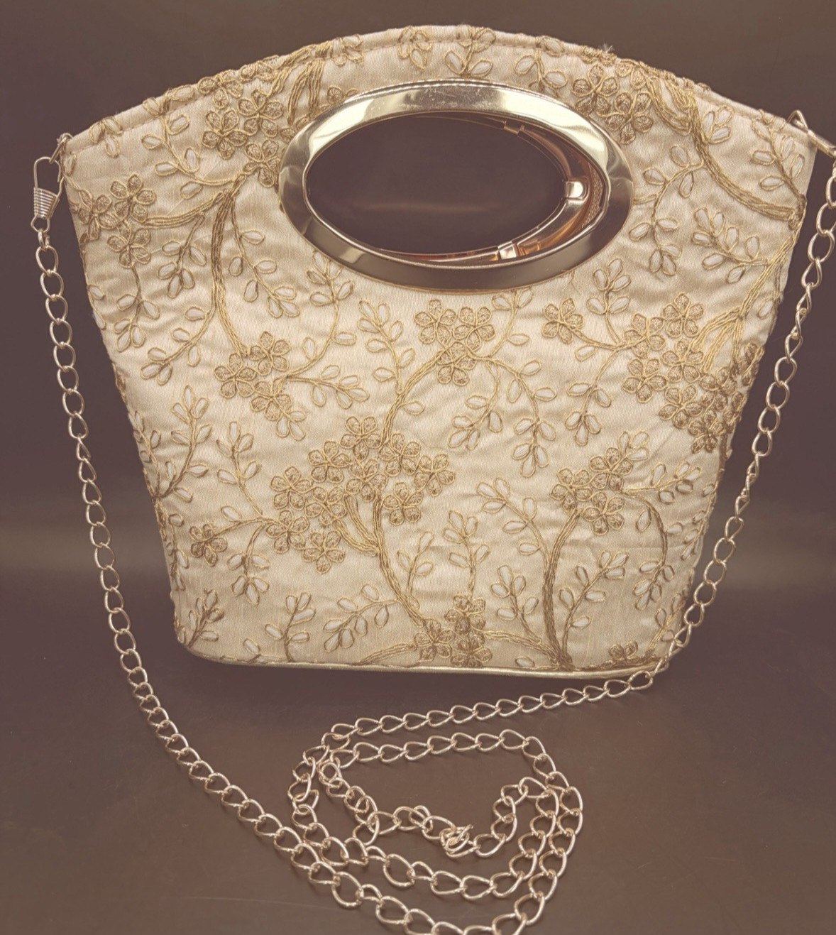 Gold Floral Embroidered Purse W/ Detachable Gold Chain Strap 2 Zipper Pockets