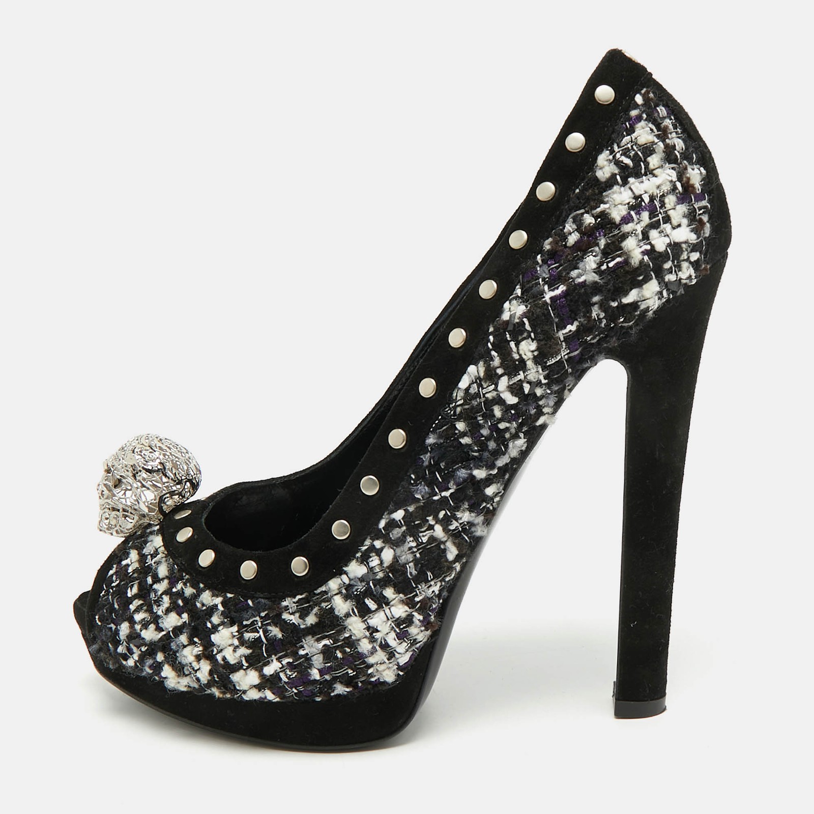 Alexander McQueen Skull Size 38 Black Suede and Tweed Peep Toe Pumps