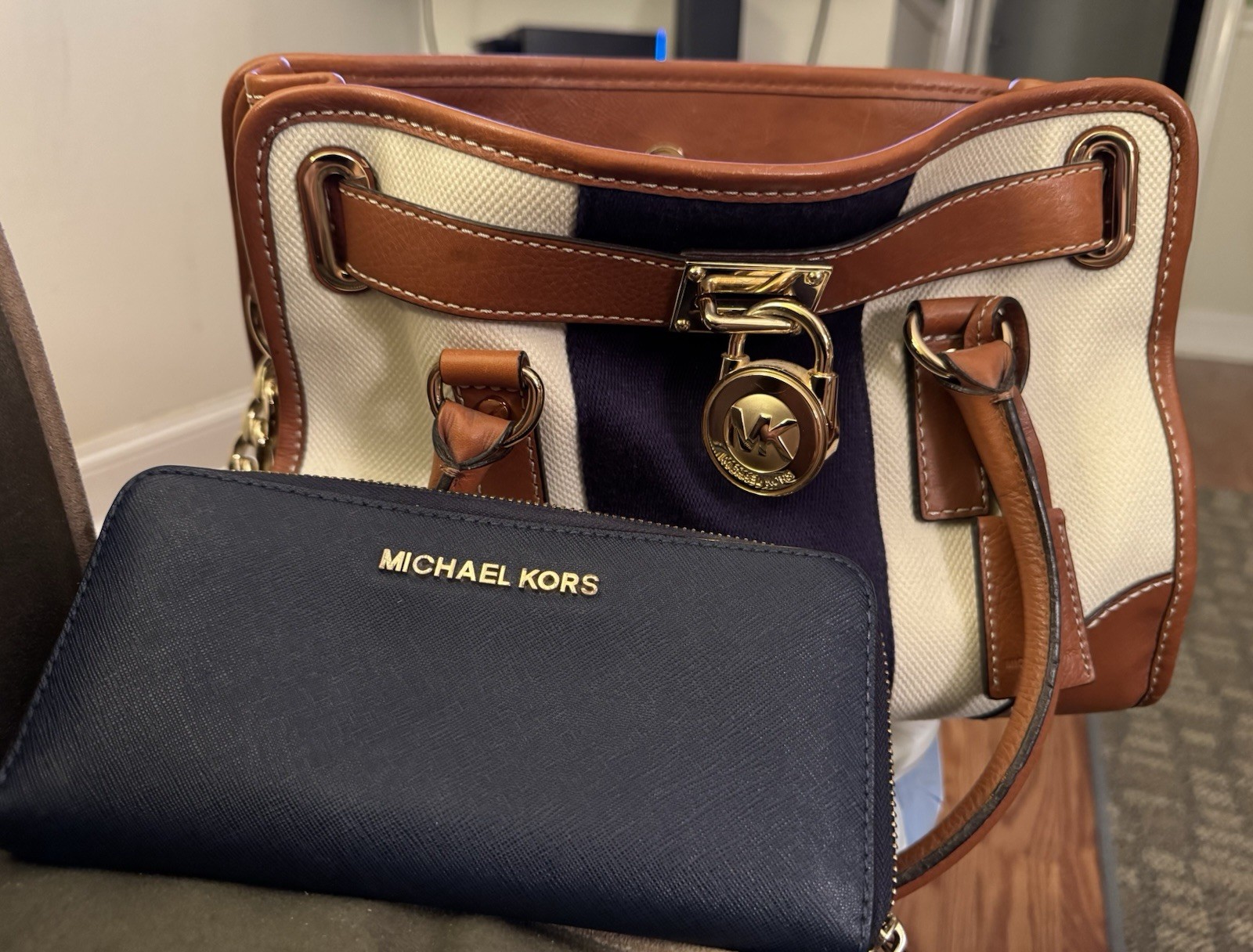 Michael Kors Medium Colorblock Satchel Brown/Beige/Navy w/ Wallet