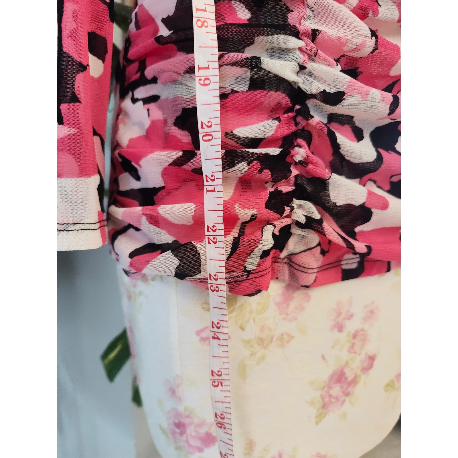 INC International Concepts Pink Floral Mesh Ruched Surplice Top XL Y2K