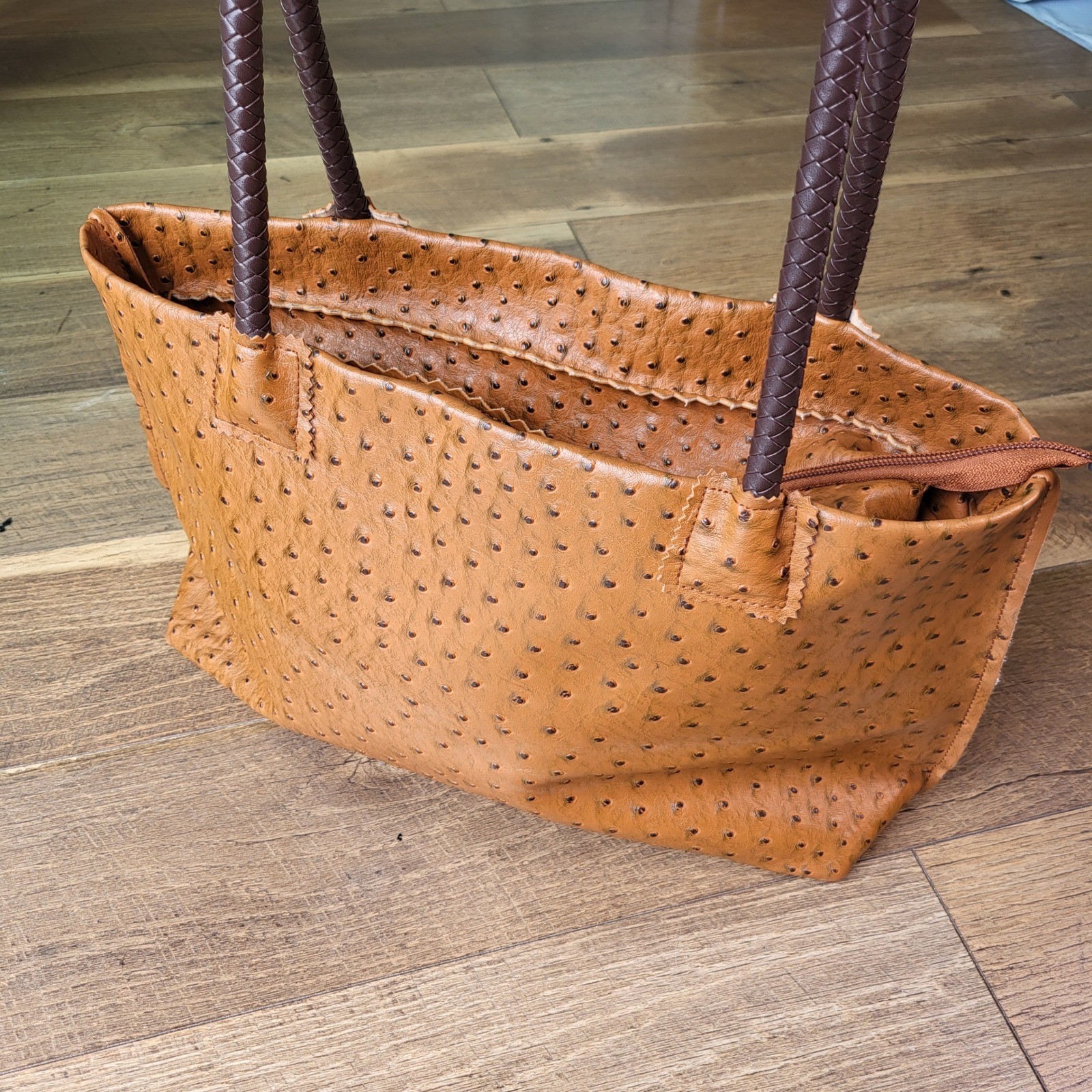 Cognac Ostrich Embossed Tote Bag Leopard Print Lining Braid Straps Brown Handbag
