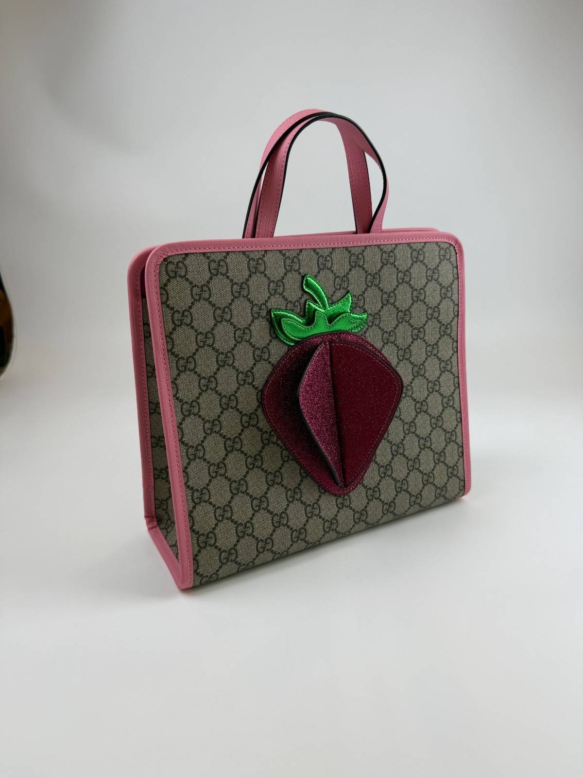 Gucci Kids GG Supreme 3D Strawberry Tote Handbag Pink Leather Trim
