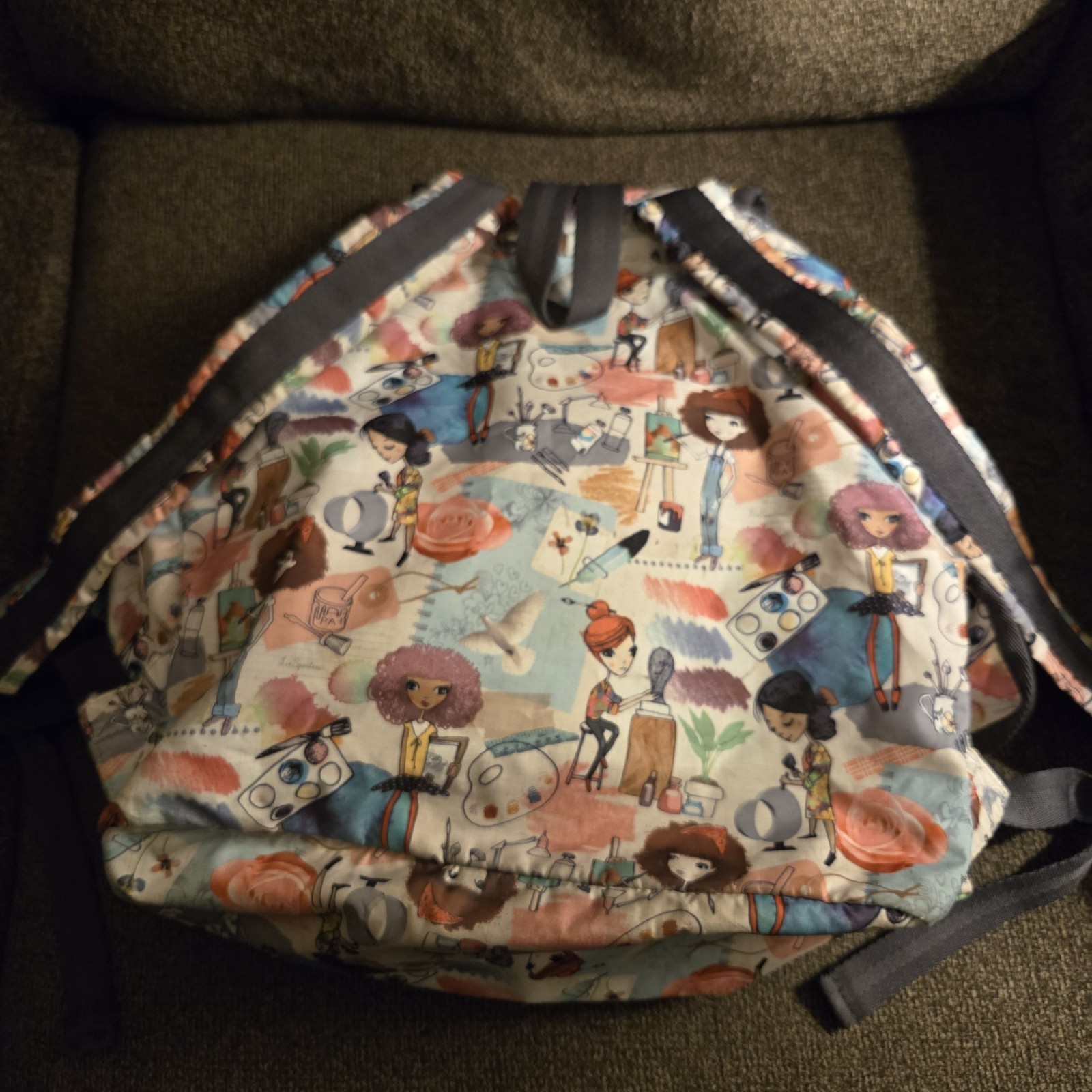 LeSportsac Voyager Backpack ‘Art School’ Cartoon Graphic Pink Lining 13″ x 16″