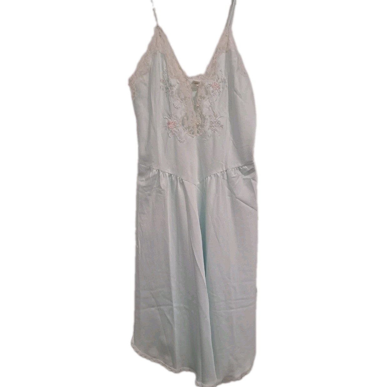 Vtg Sara Beth Gown M Pale Aqua Lace Bodice Curved Slit Hem Pearl Button Soft
