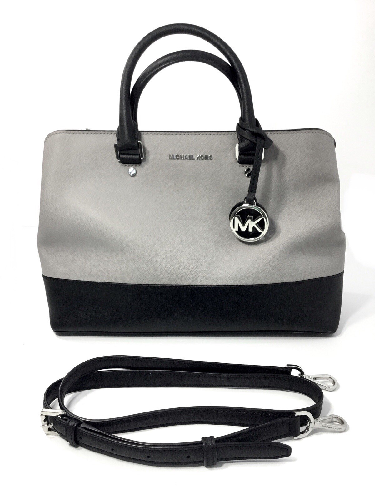 MICHAEL Michael Kors Savannah Large Satchel (Pearl Grey/Black) 30F7SS7S3T-PGBLK