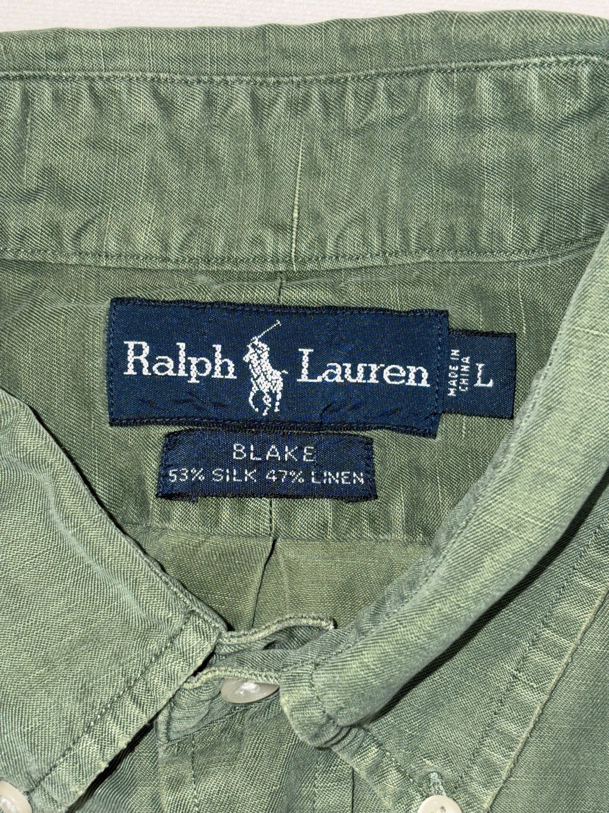 Vintage Polo Ralph Lauren Blake Silk Linen Sage Green Button Down Men’s Large