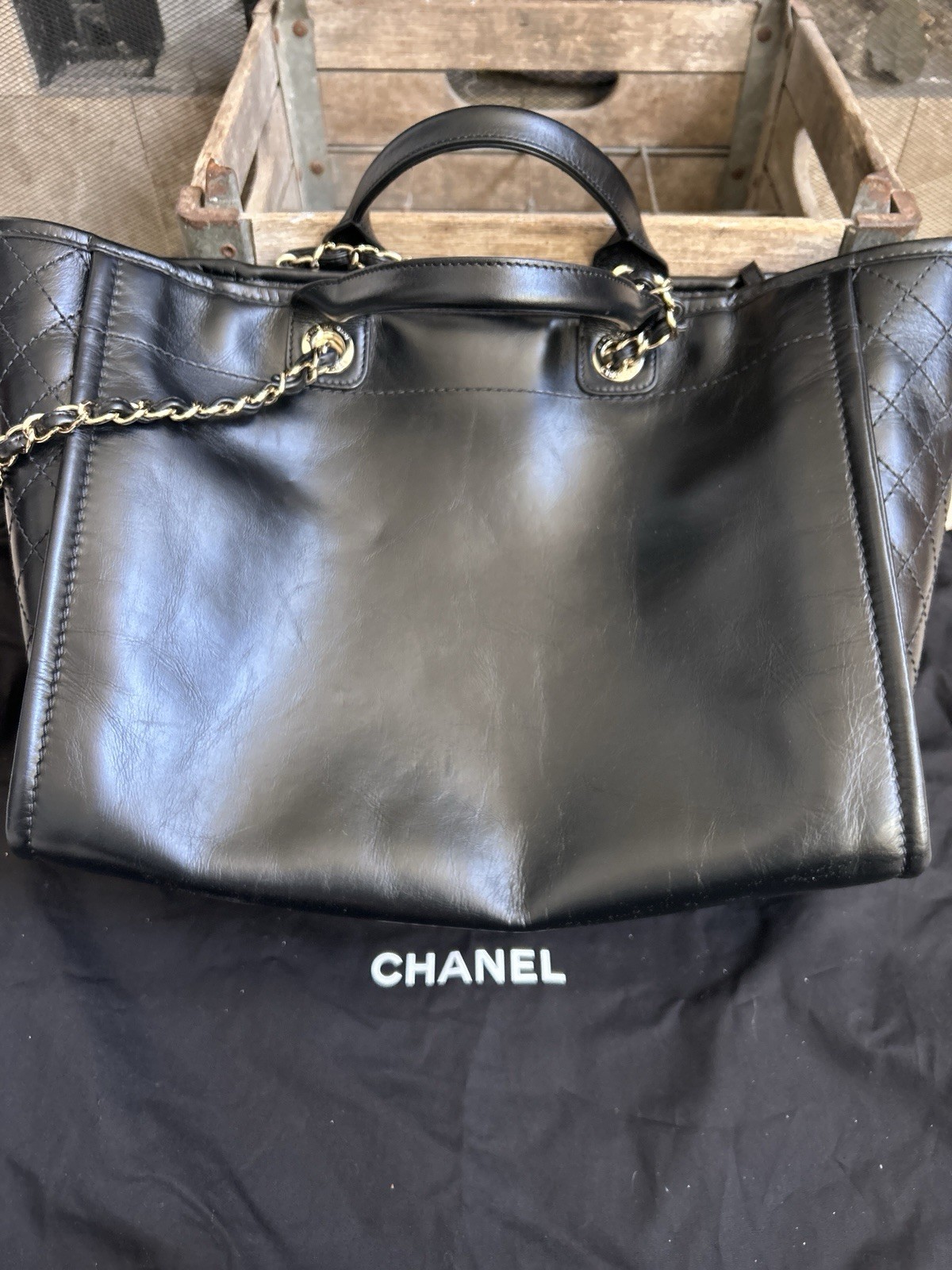 CHANEL Deauville leather & tweed handbag shopping tote – black & white