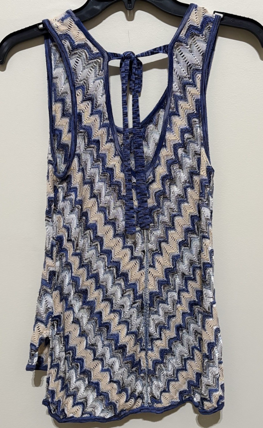 WHBM Crochet Tank M Blue Tan Chevron Halter Boho Beach Lightweight Top