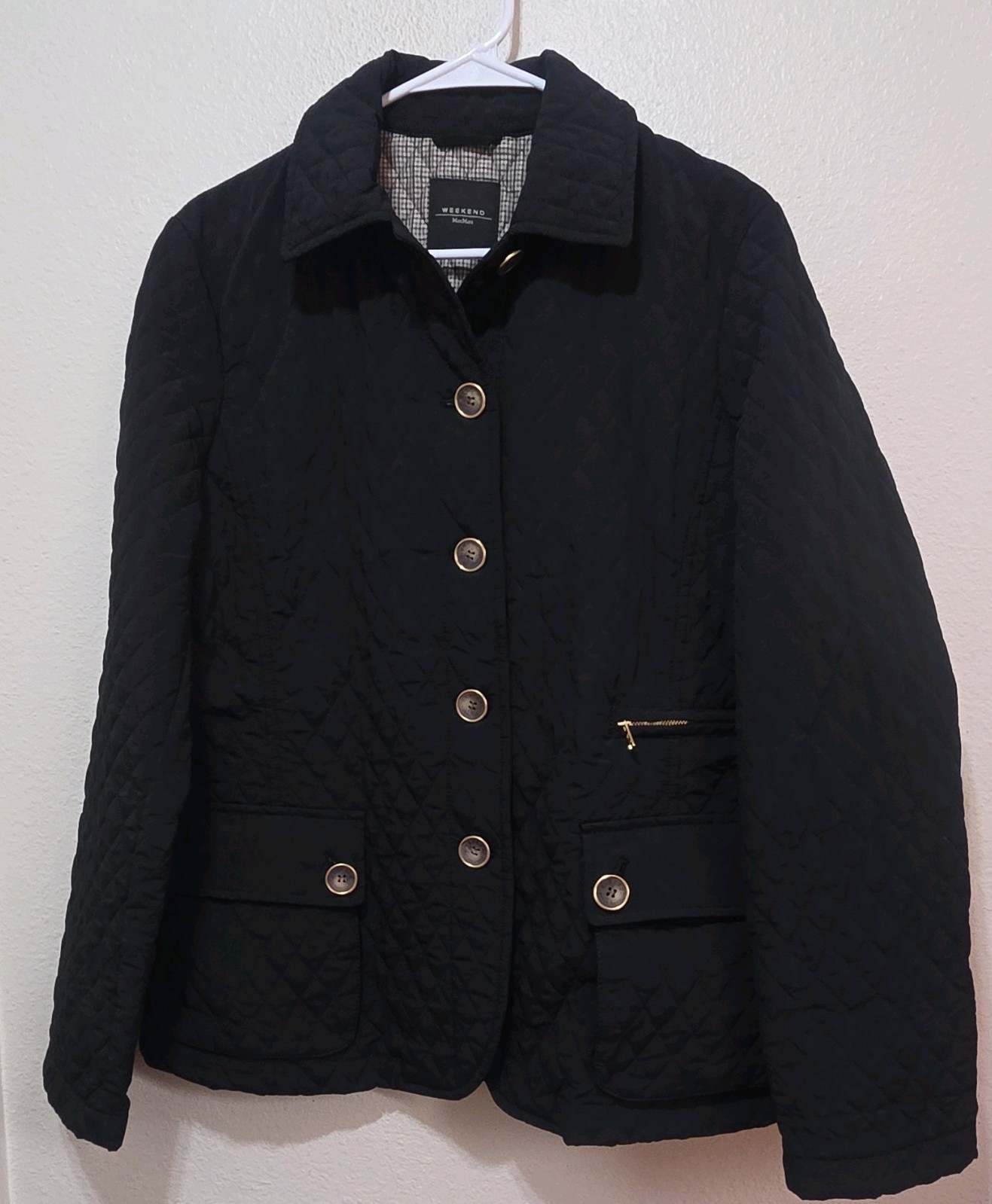 Weekend Max Mara Womens Black Quilted Button Jacket Pockets Size 42, 12 US