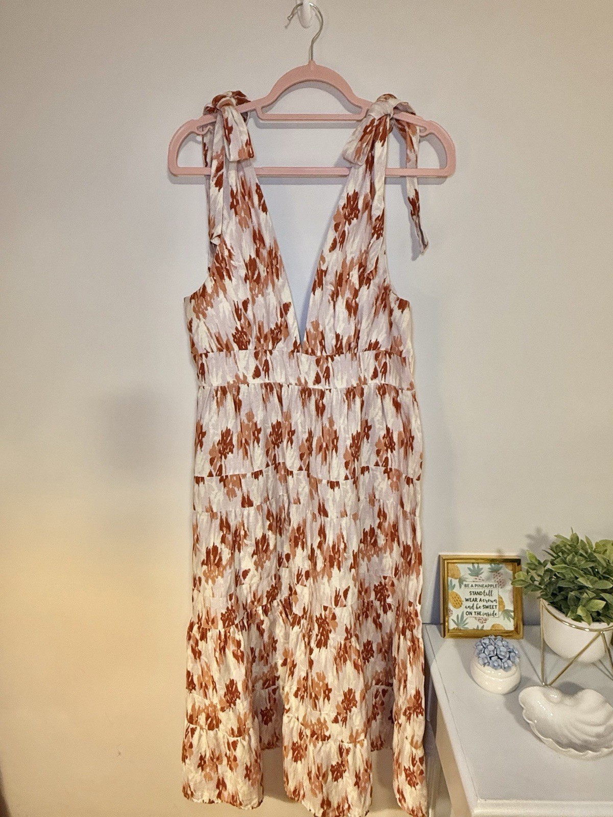House of Harlow 1960 Linen Blend Tiered Midi Dress Bow Tie Shoulders Size Large