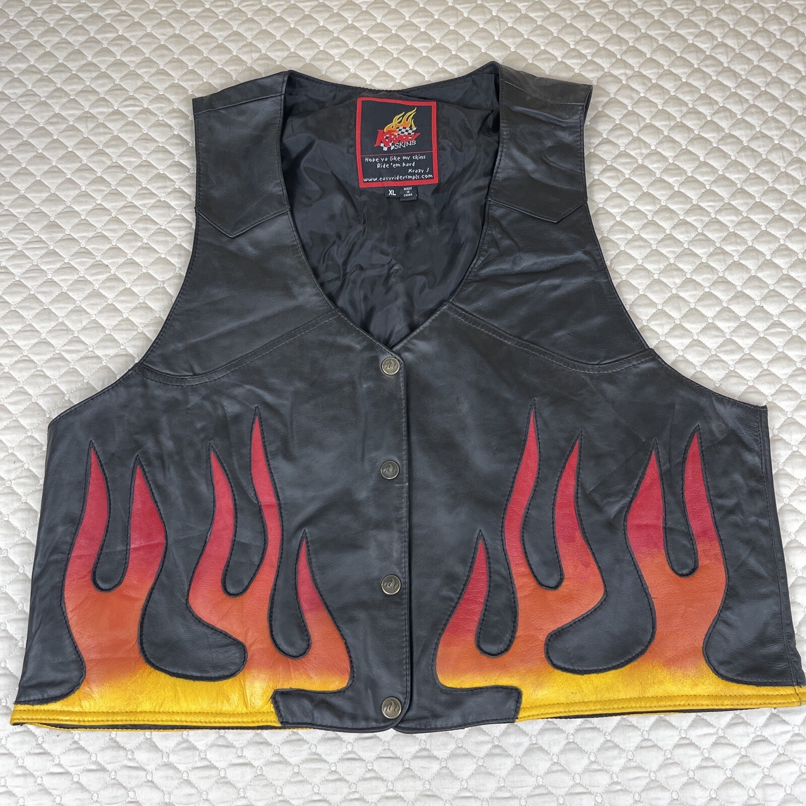 Vintage Mens Leather Vest XL Black Motorcycle Flame Fire Design Krazy Skins