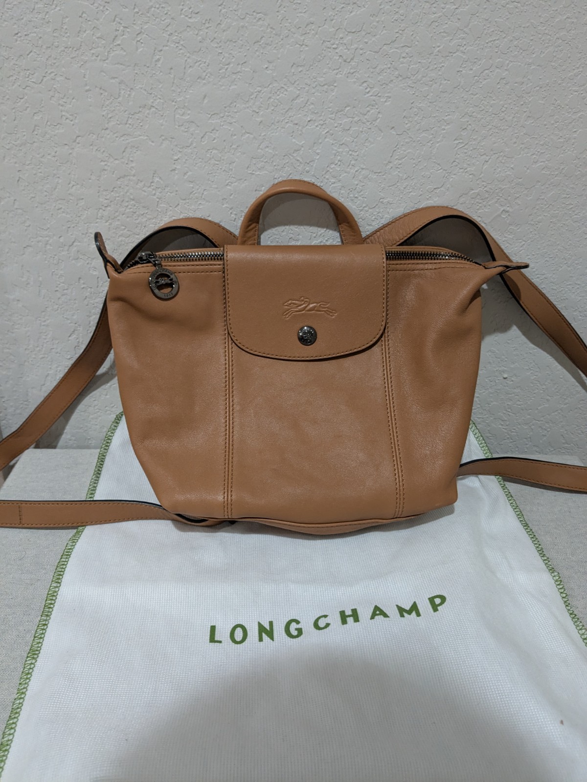 Longchamp Top Handle Backpack (tan leather)