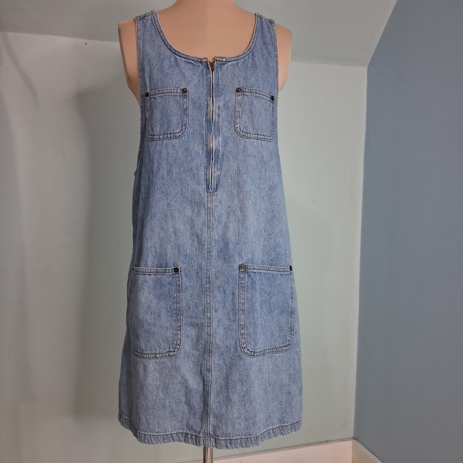 Denim Overall Pinafore Vintage Apron Style Jumper Dress Sleeveless Cottage S