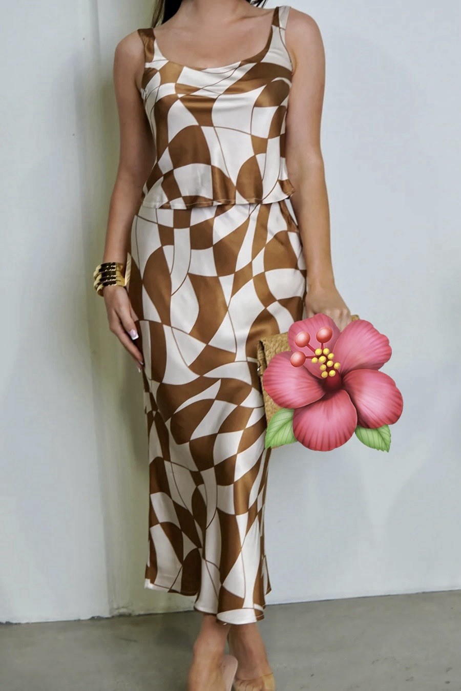 Emprada Addison Geo Print Satin Skirt Set – Brown Size Large