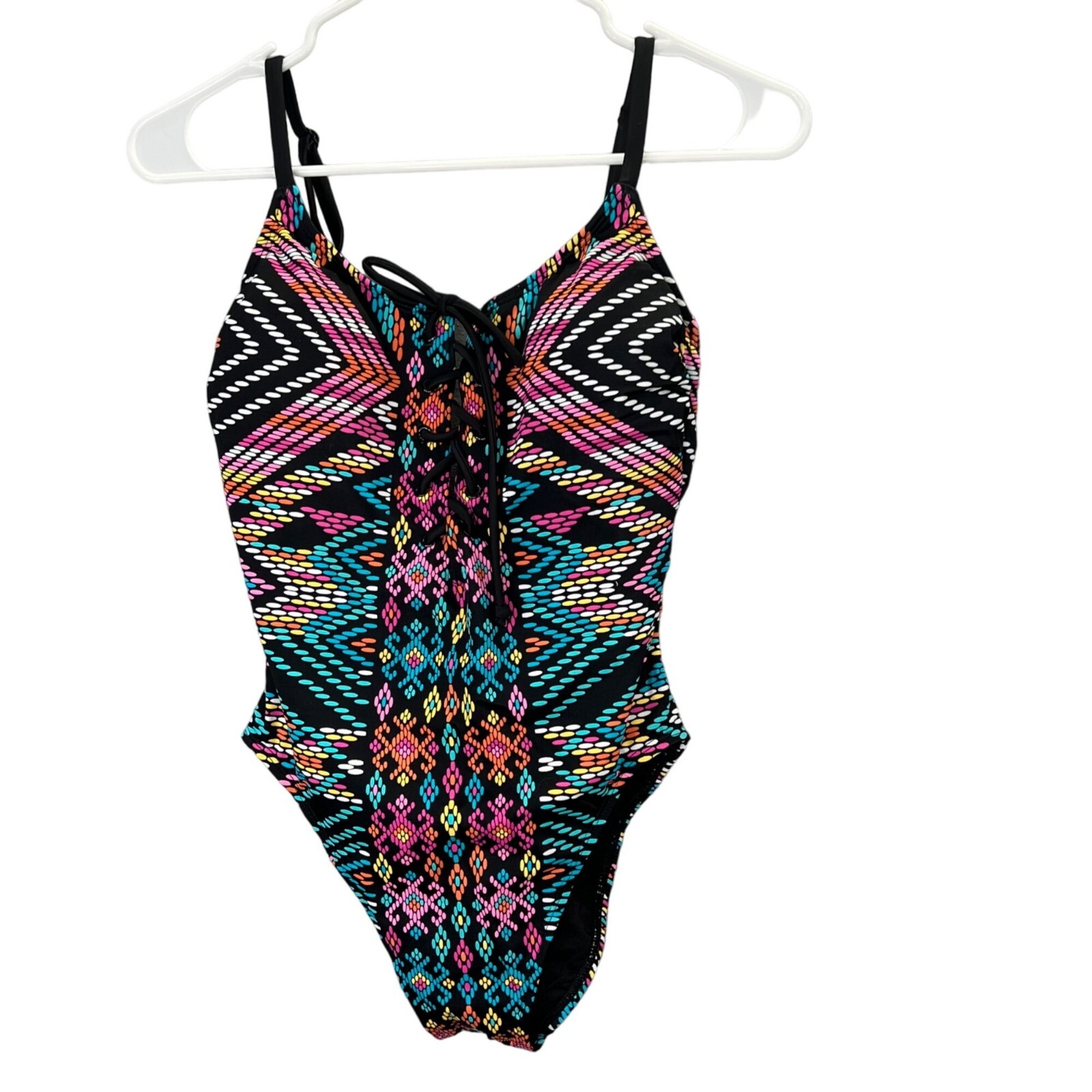 Beach Betty Miracle Brands Swimsuit size S One Piece Black Mosaic Lace Up NWT