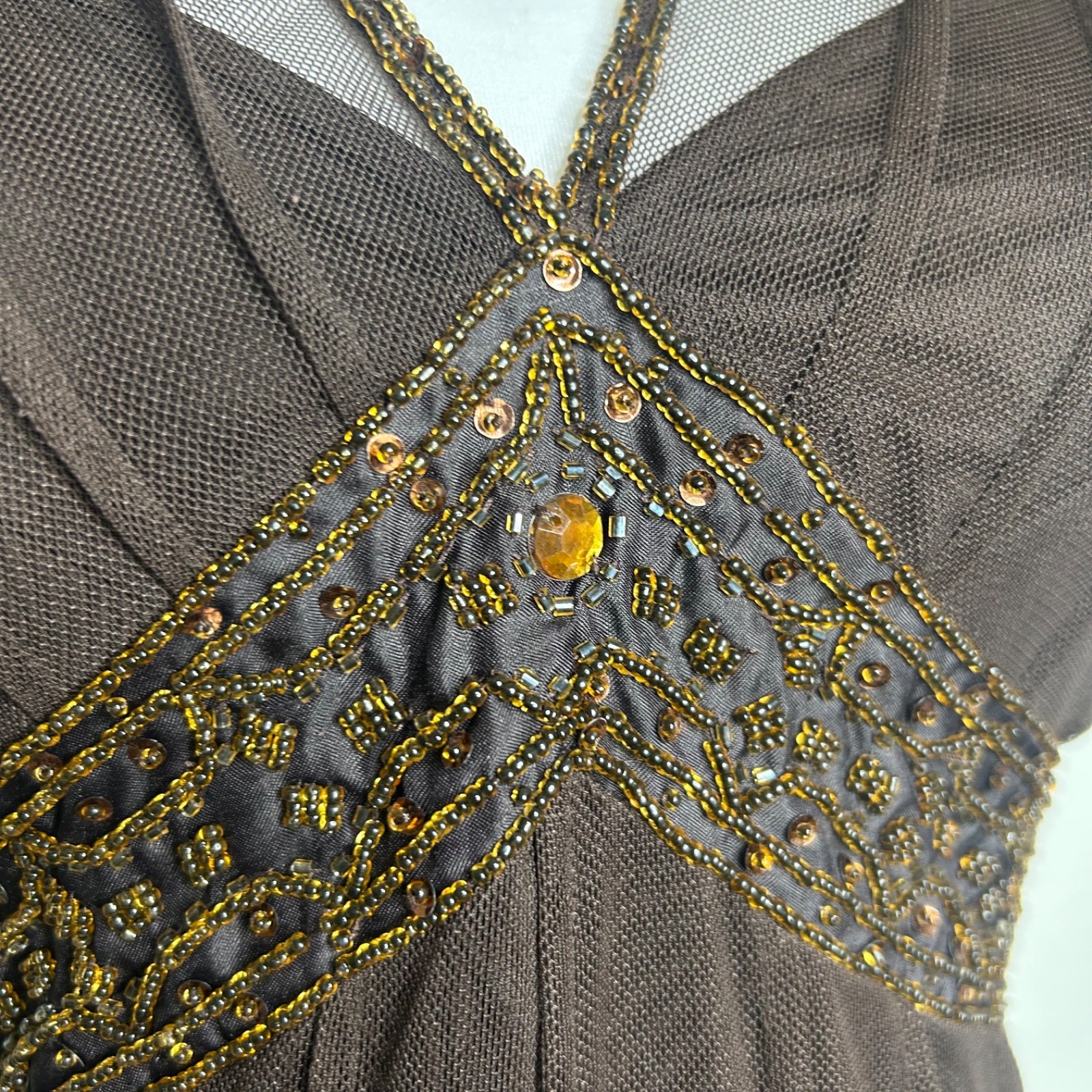 ECI Whimsigoth Dress 8 Brown Beaded Sequin Sleeveless Mesh Retro 20s Midi