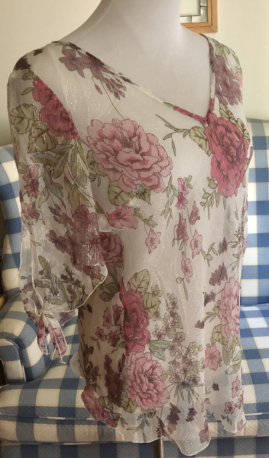 VTG Karen Kane Cami Tunic Top Silk Sheer Floral Shimmer Fairy NWT $108 Size 12