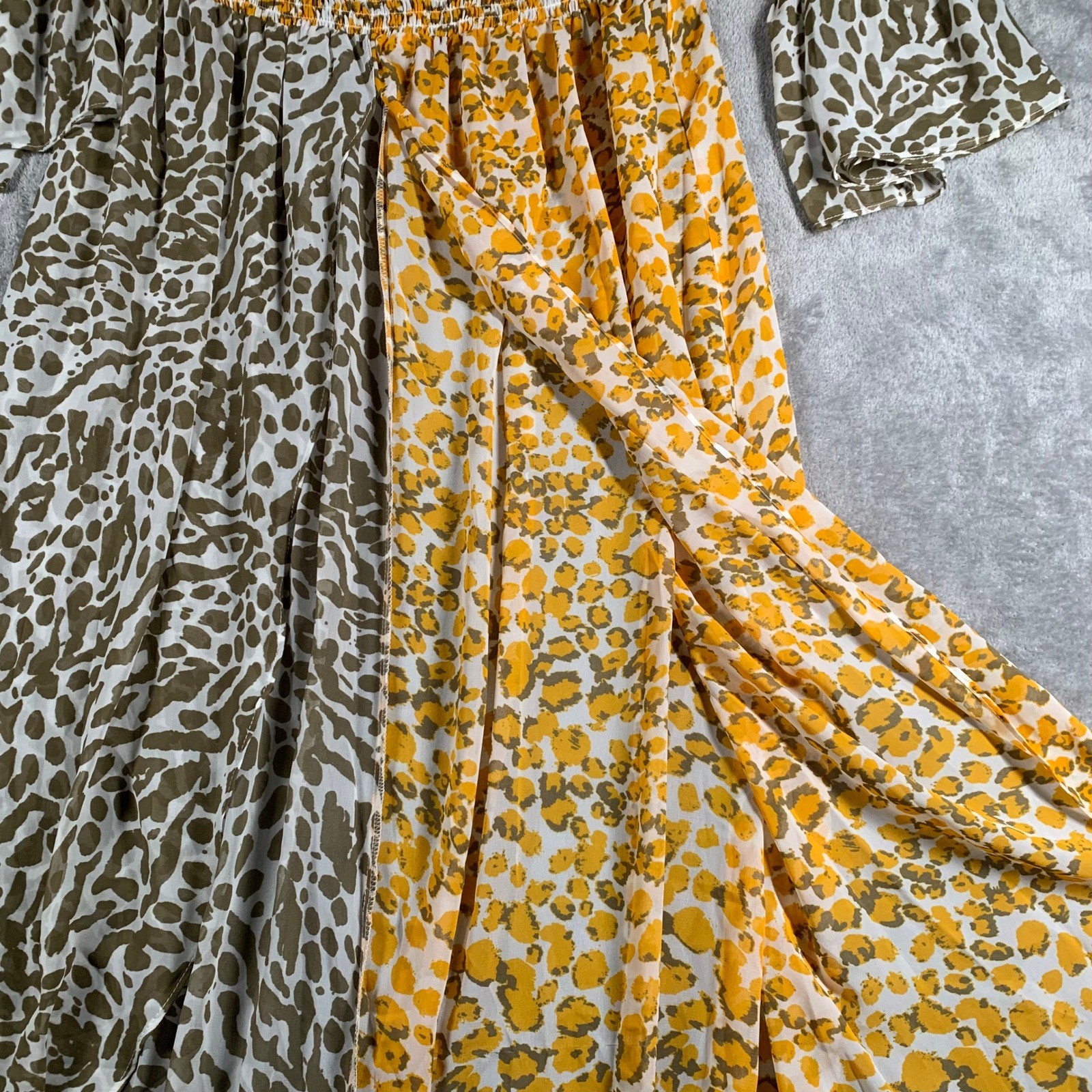 NWT Sheer Cover Up Pool Maxi Off Shoulder Bell Sleeve Animal Print Yellow Beige