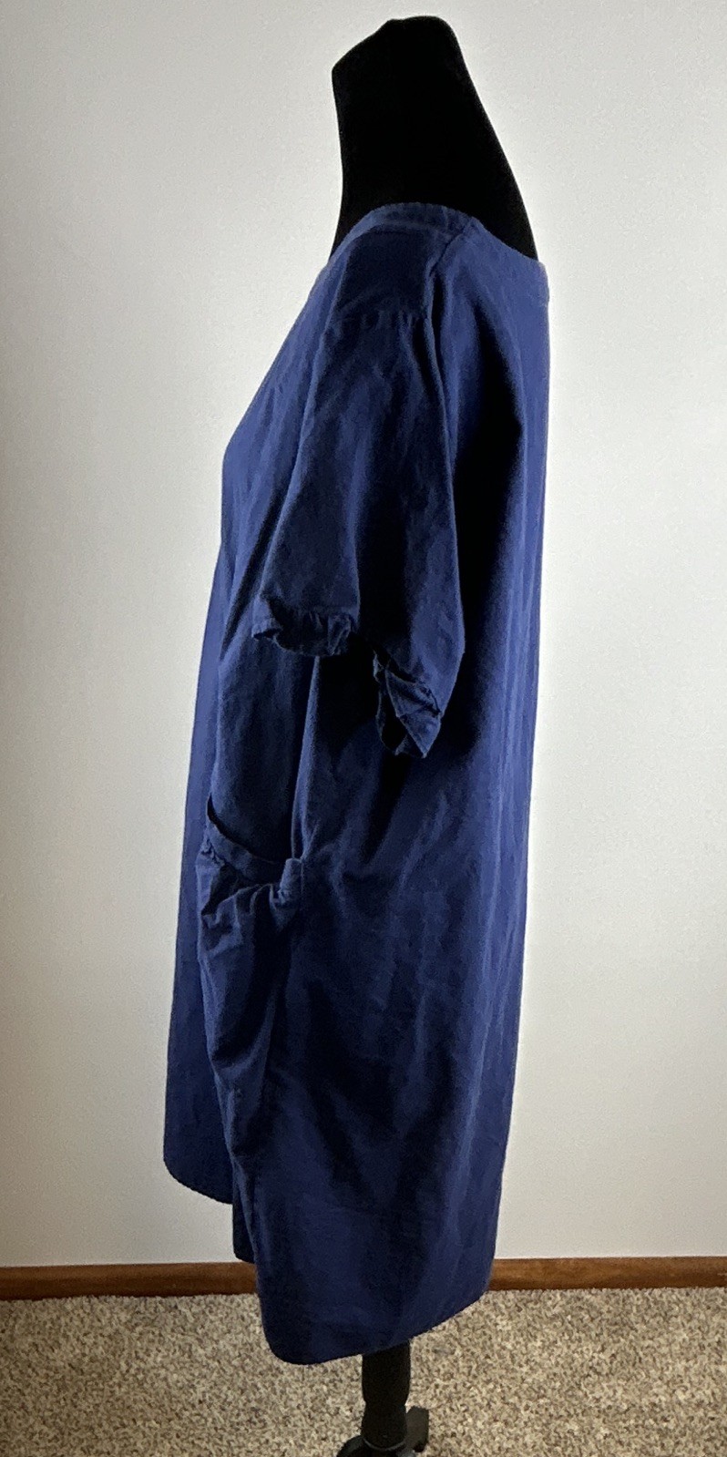 Cre Coton Women’s Blue Solid Woven Linen/Cotton Boat Neck Shift Pockets XL