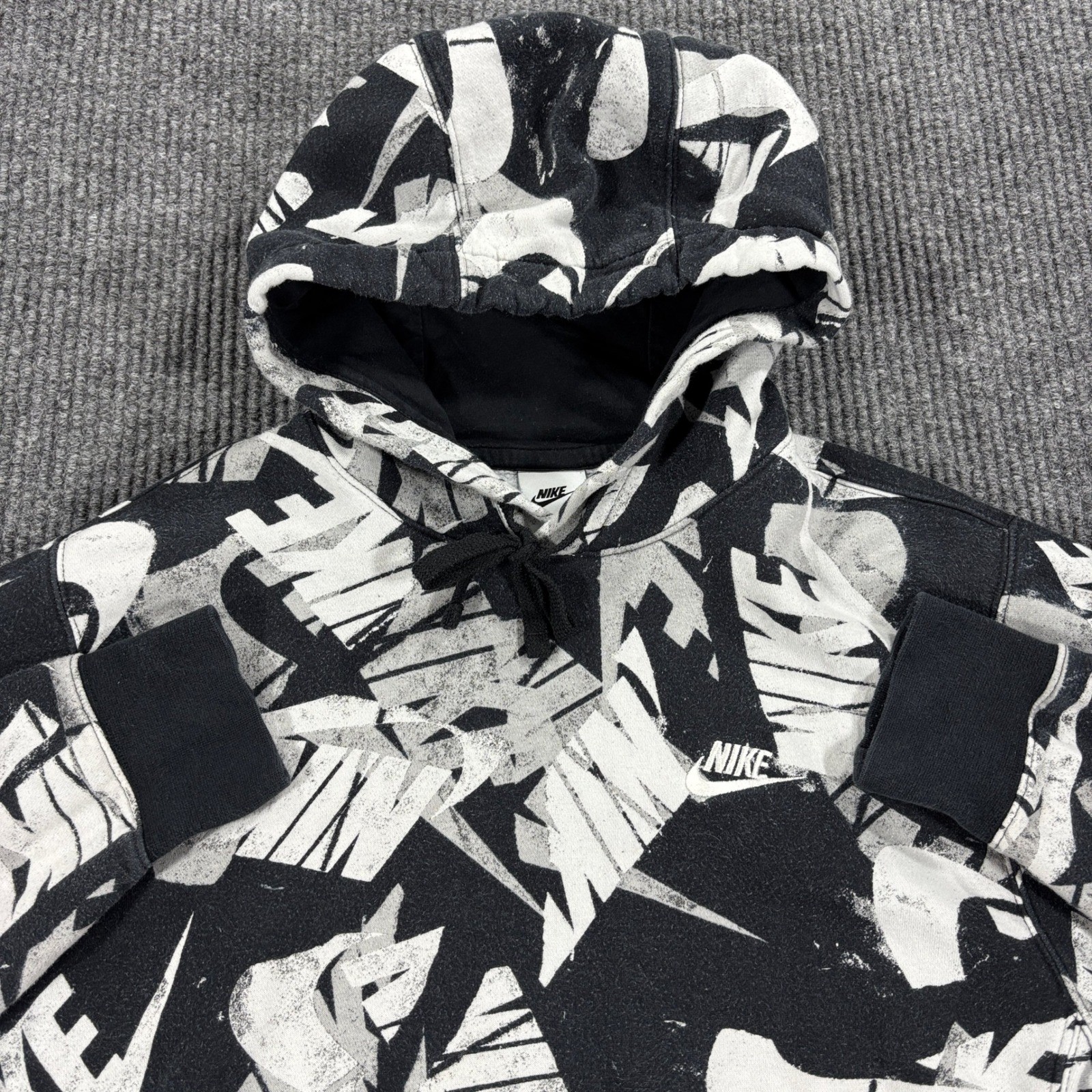 Nike Hoodie Mens Small Black White All Over Logo Print Pullover Sweatshirt